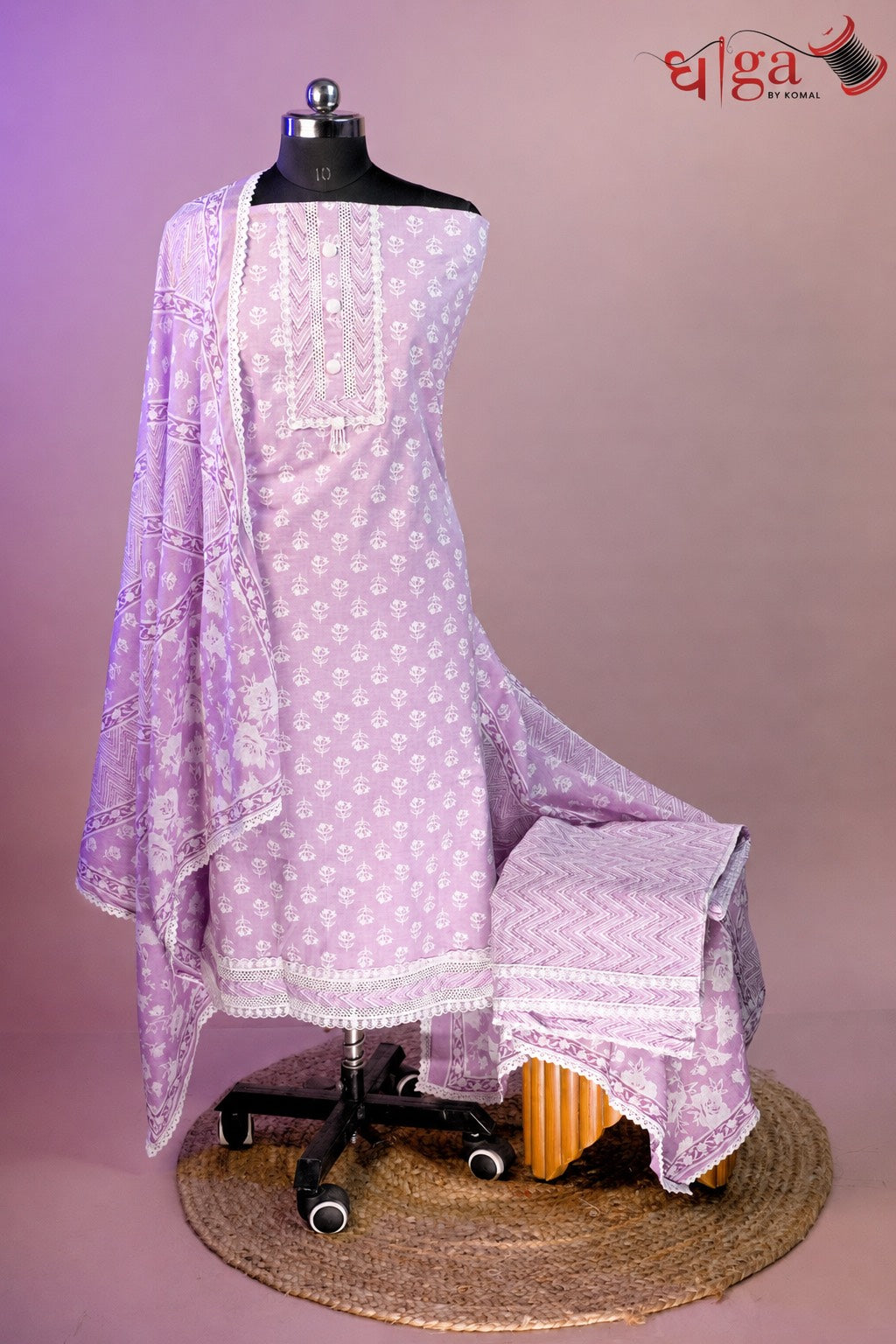 Lavender Handblock Cotton 3 Pc Suit Set