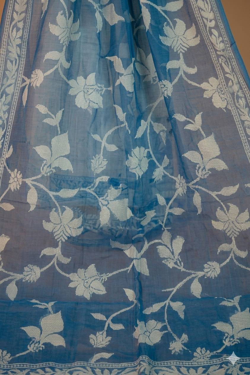 Ivory White Suit Set with Sky Blue Floral Dupatta