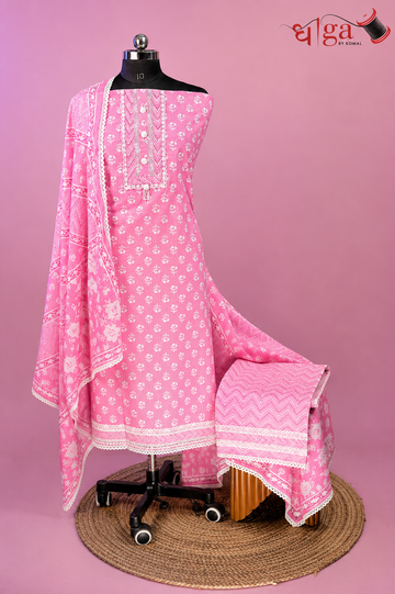 Pink Handblock Cotton 3 Pc Suit Set