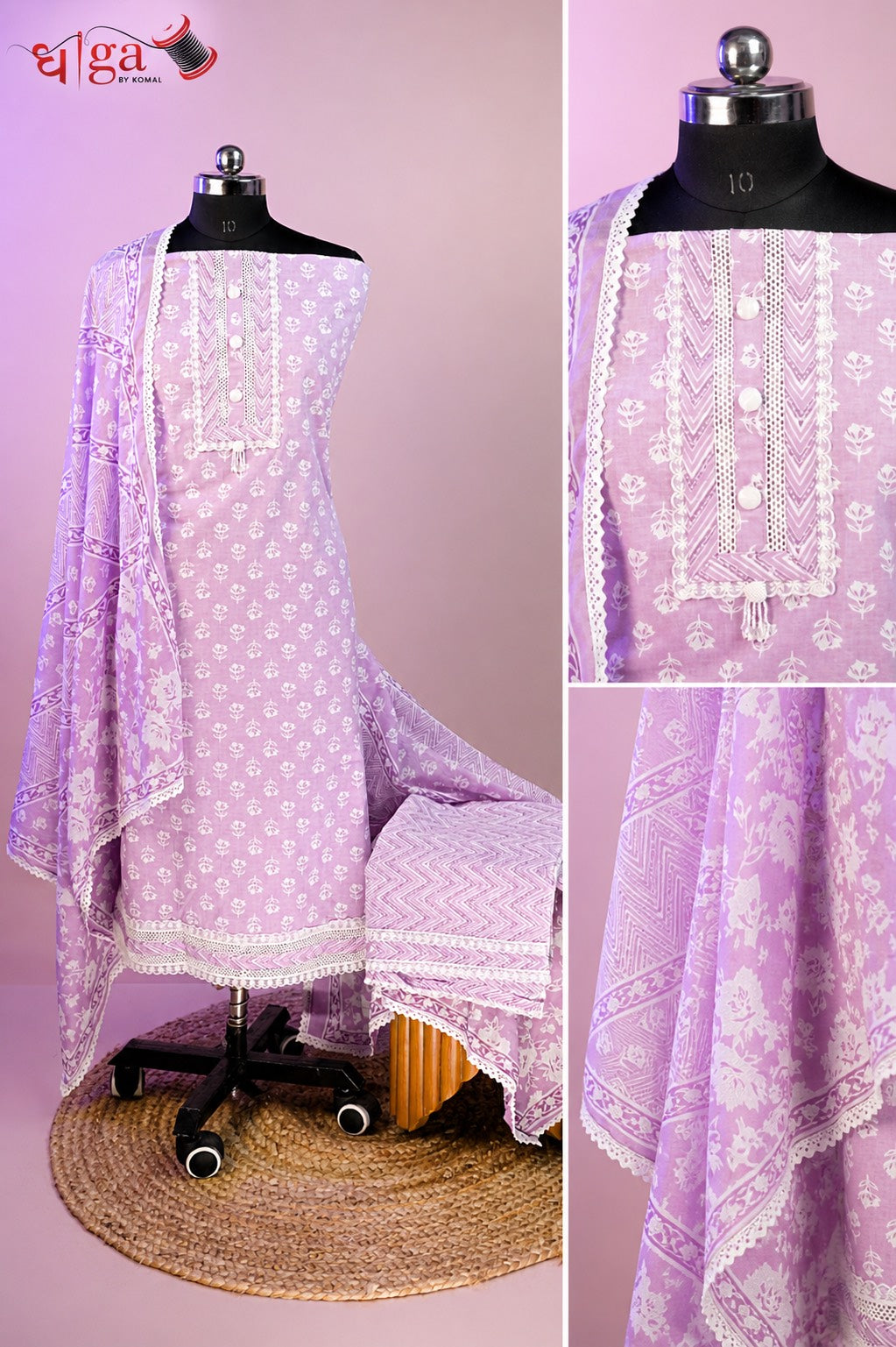 Lavender Handblock Cotton 3 Pc Suit Set