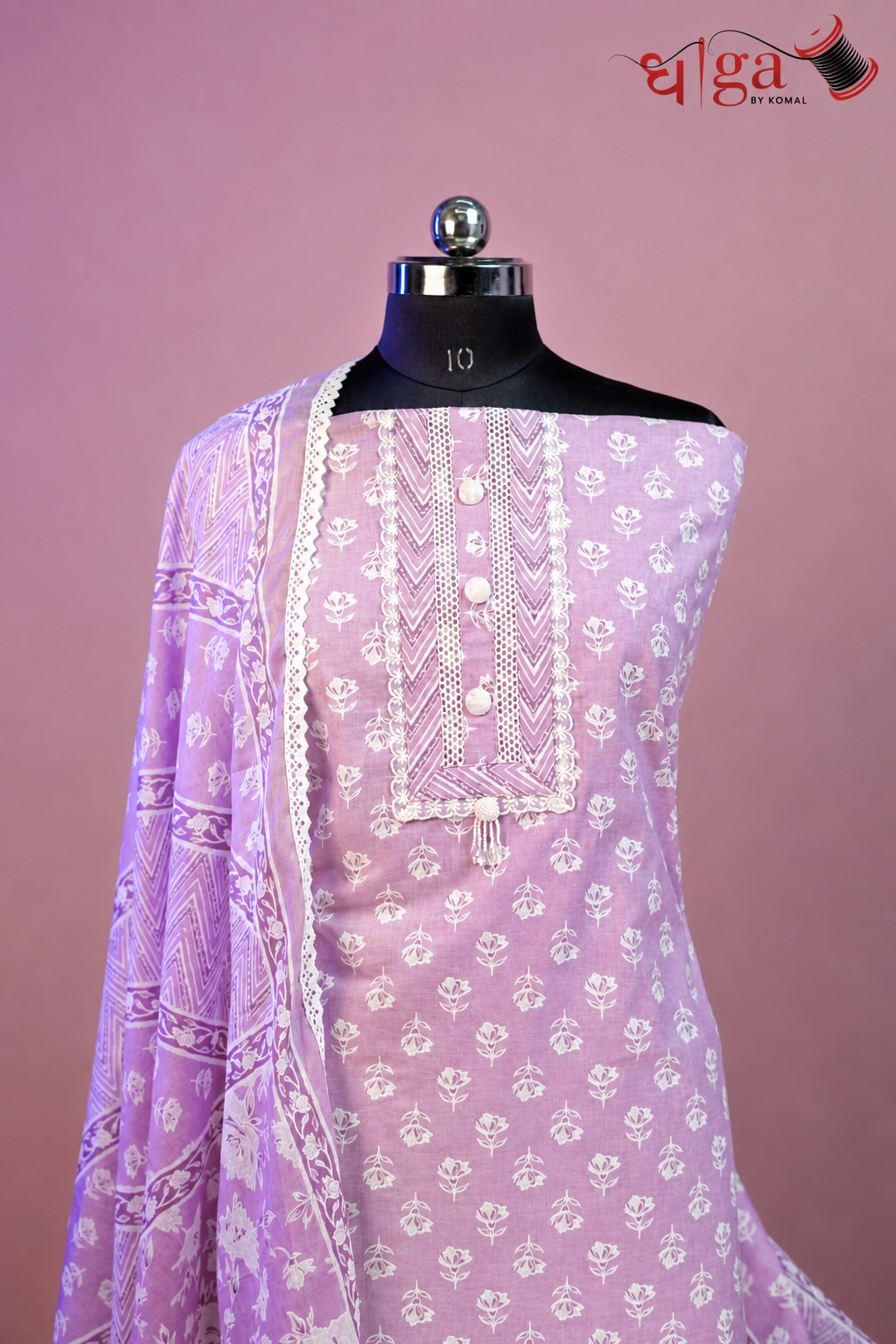 Lavender Handblock Cotton 3 Pc Suit Set