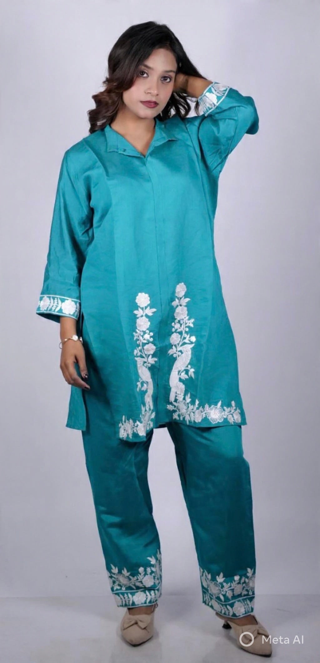 Elegant Bluish Teal Cotton Coord Set with White Thread Work