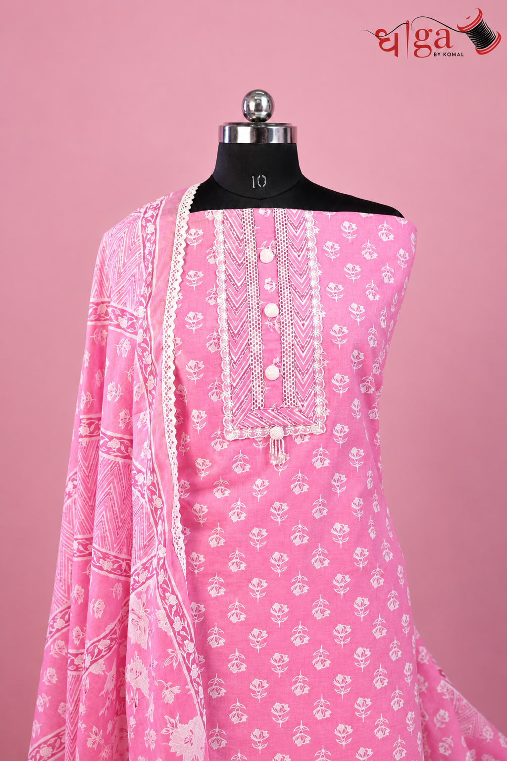 Pink Handblock Cotton 3 Pc Suit Set