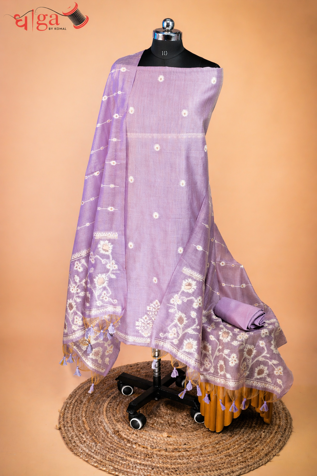 Lavender Floral Buta Jamdani Cotton Suit Set with Printed Dupatta