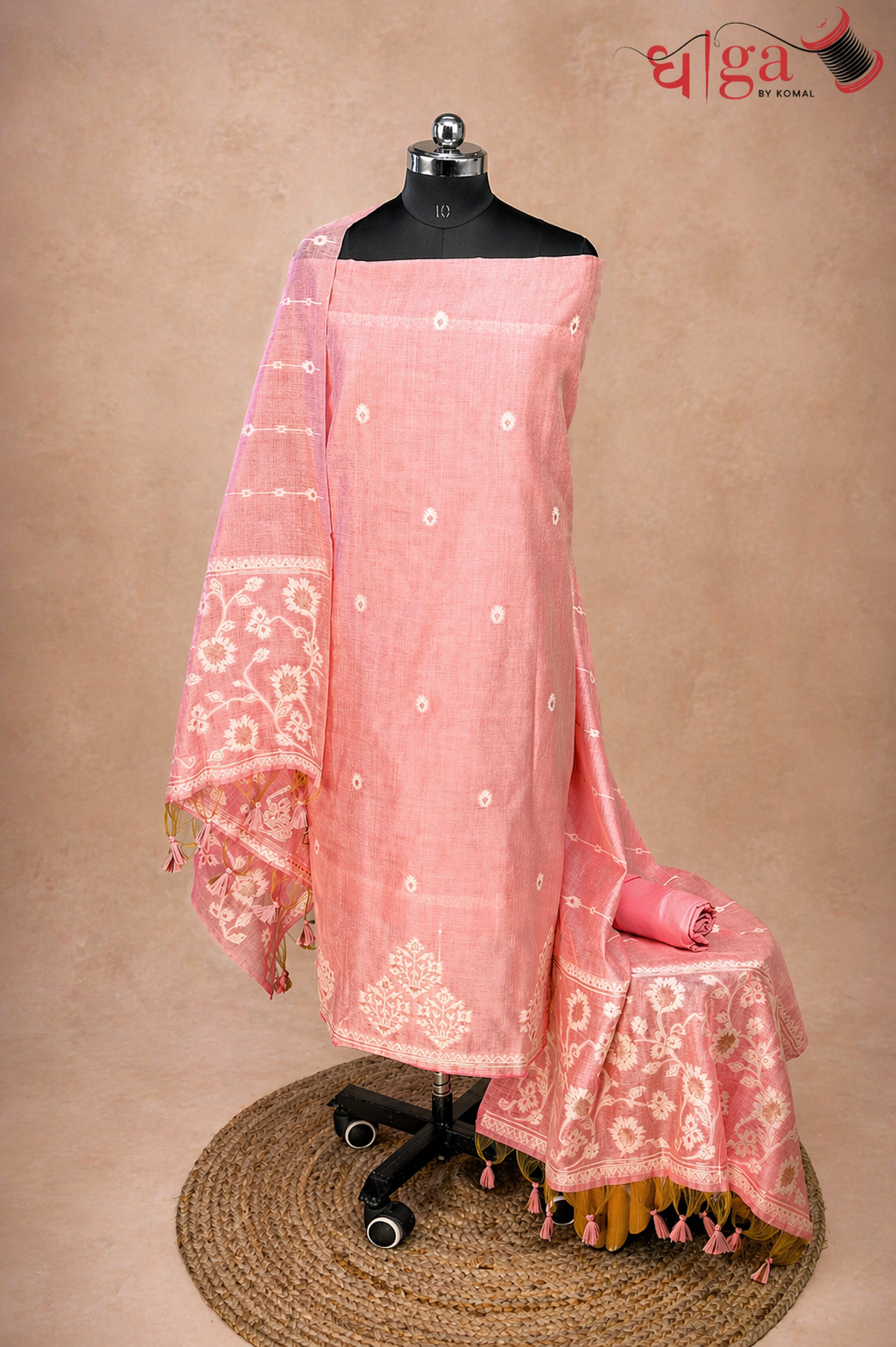 Blush Pink Floral Buta Jamdani Cotton Suit Set with Printed Dupatta
