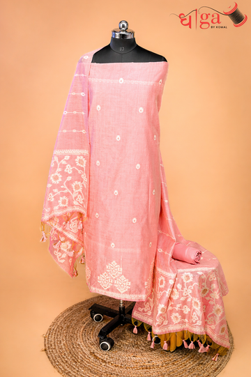 Blush Pink Floral Buta Jamdani Cotton Suit Set with Printed Dupatta