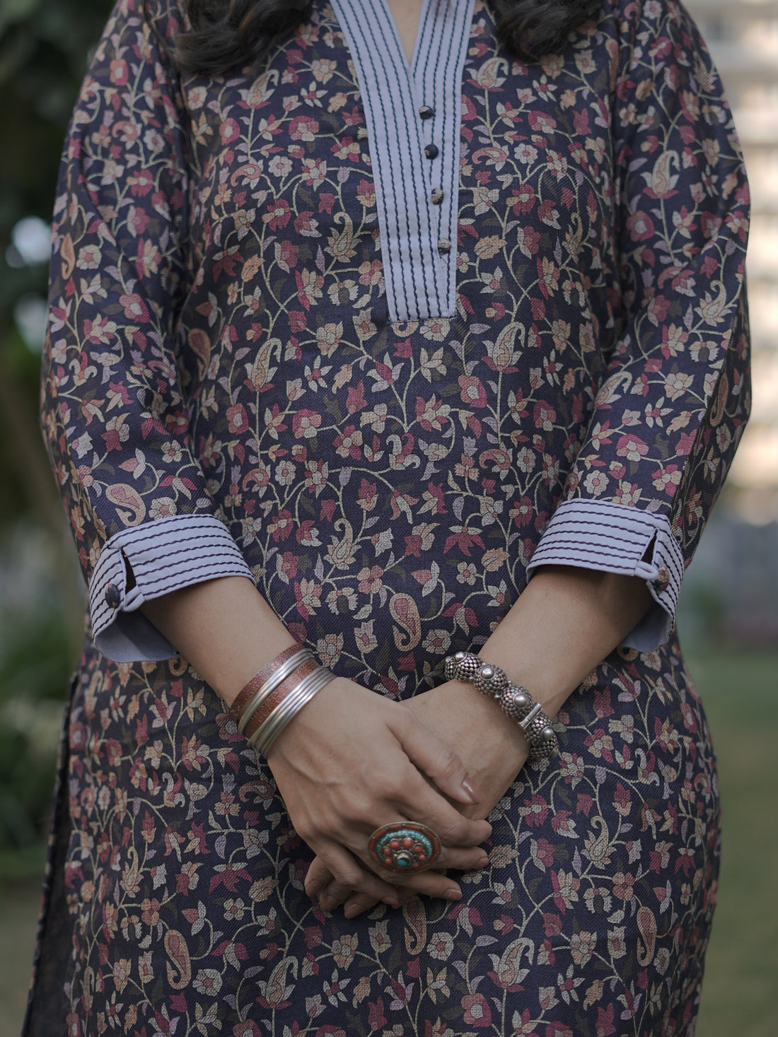 Pranjali Navy Blue Thread Work in Kanni Printed Semi Pashmina Winter Kurti