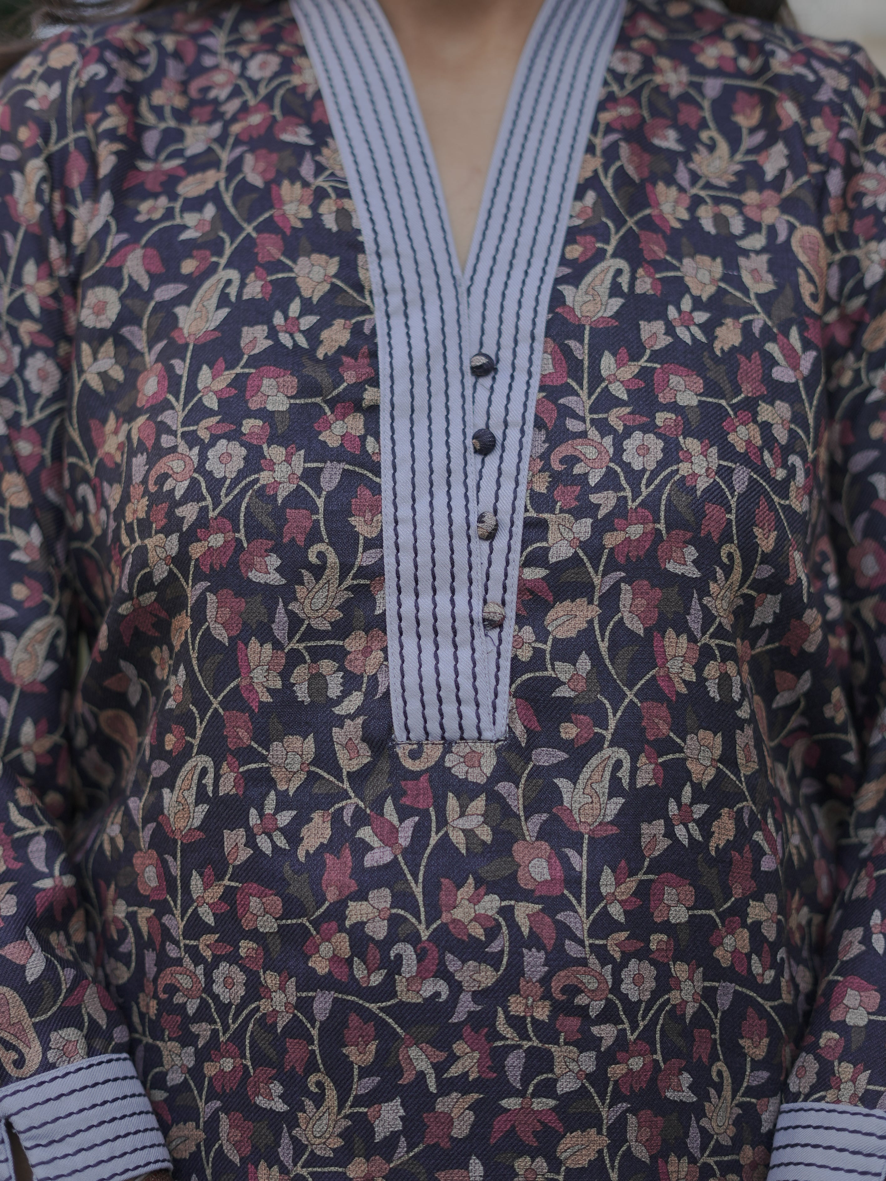 Pranjali Navy Blue Thread Work in Kanni Printed Semi Pashmina Winter Kurti