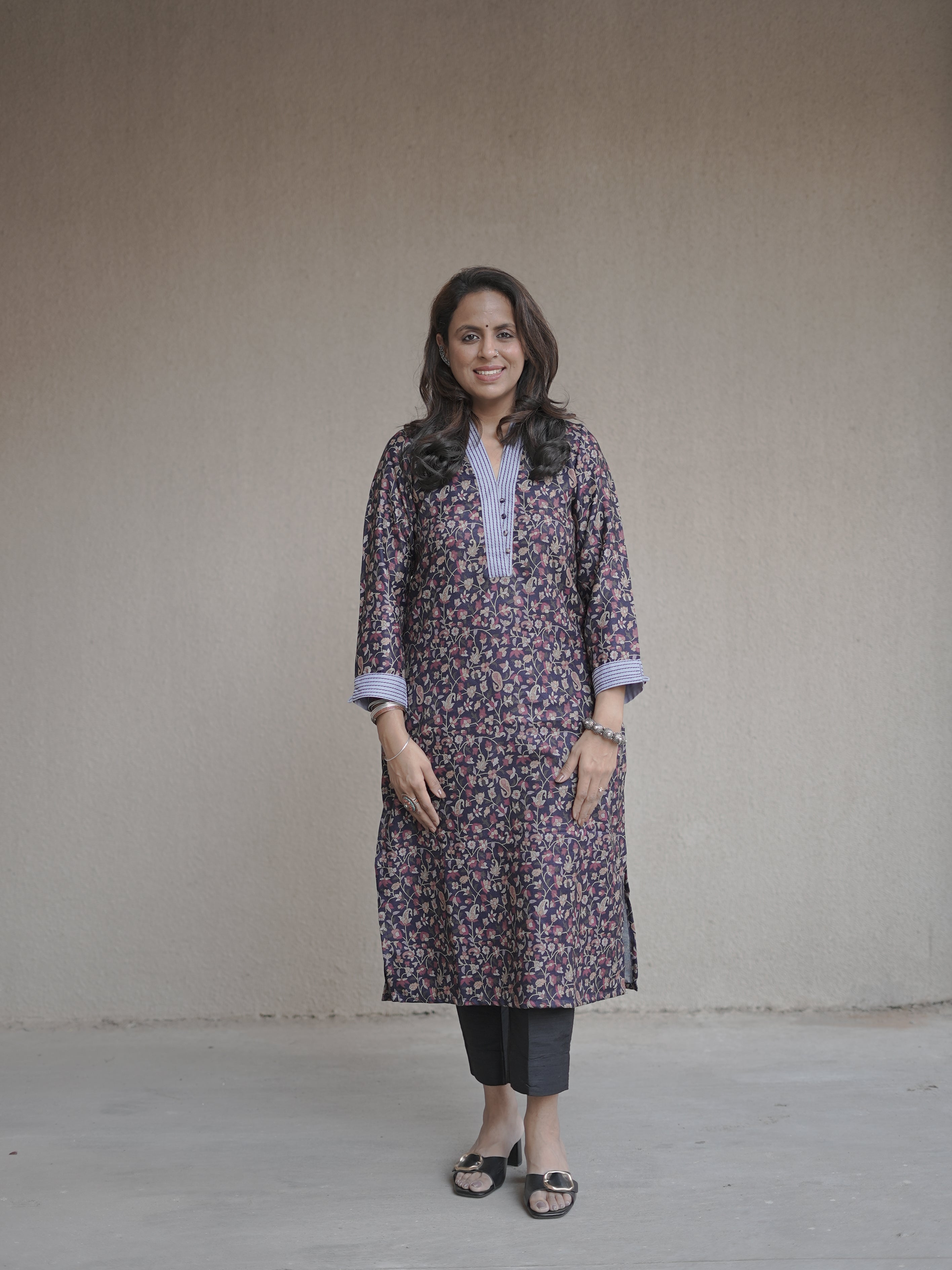 Pranjali Navy Blue Thread Work in Kanni Printed Semi Pashmina Winter Kurti