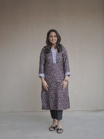 Pranjali Navy Blue Thread Work in Kanni Printed Semi Pashmina Winter Kurti