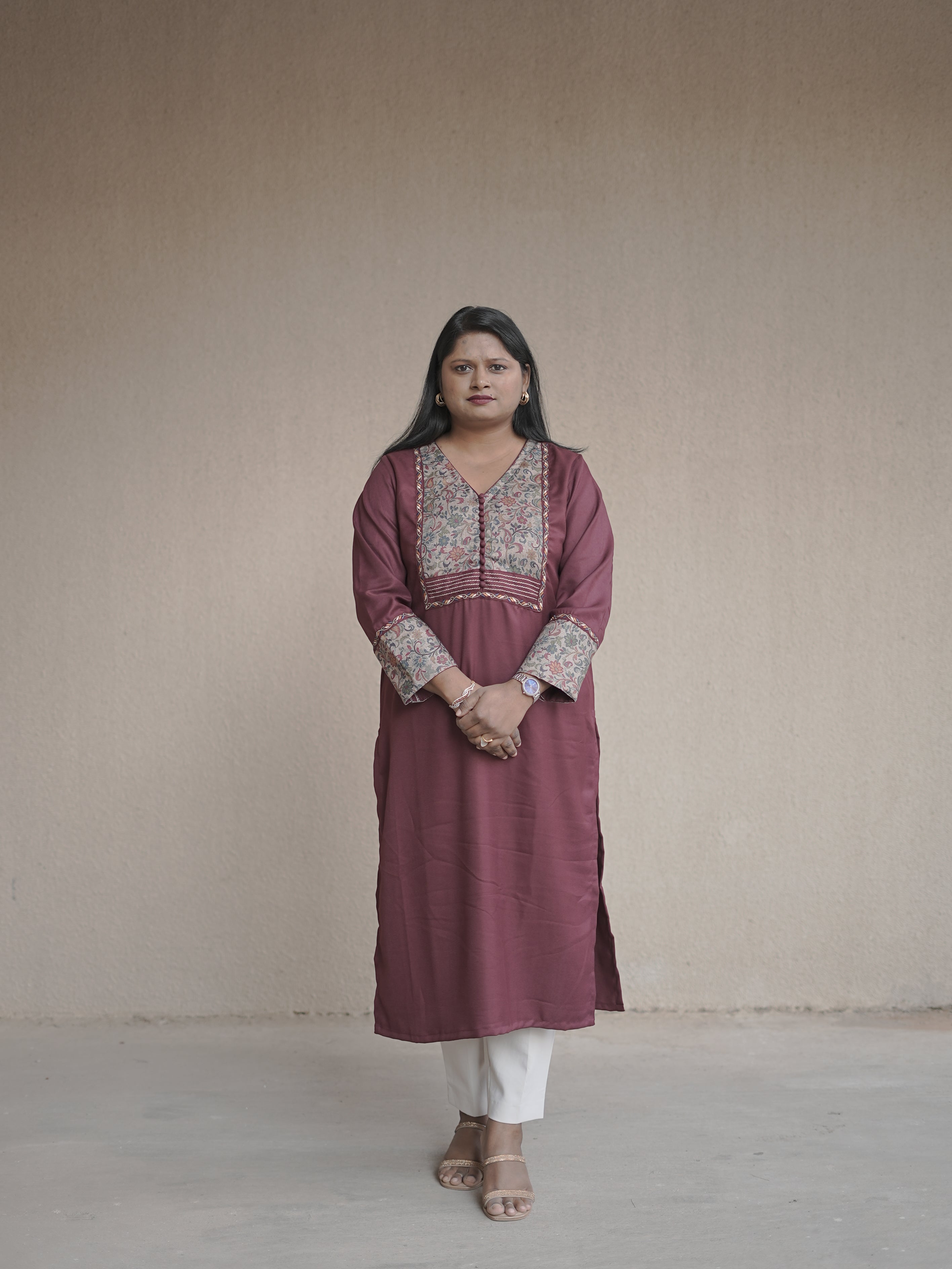 Tarang Maroon Wine Potli Button Work in Kanni Patch Neck Semi Pashmina Winter Kurti