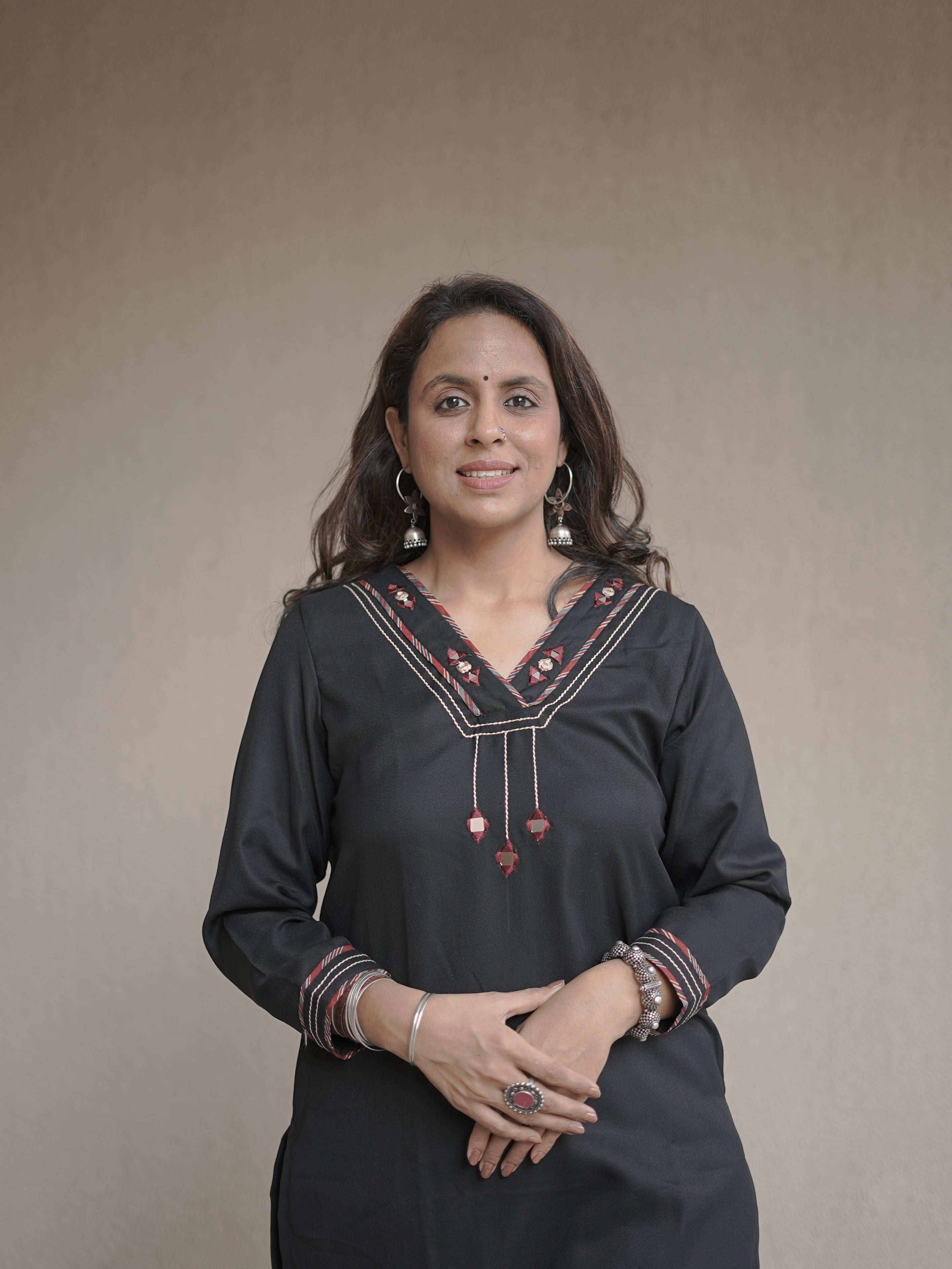 Priti Dark Black Semi Pashmina V-Neck Mirror Work Winter Kurti
