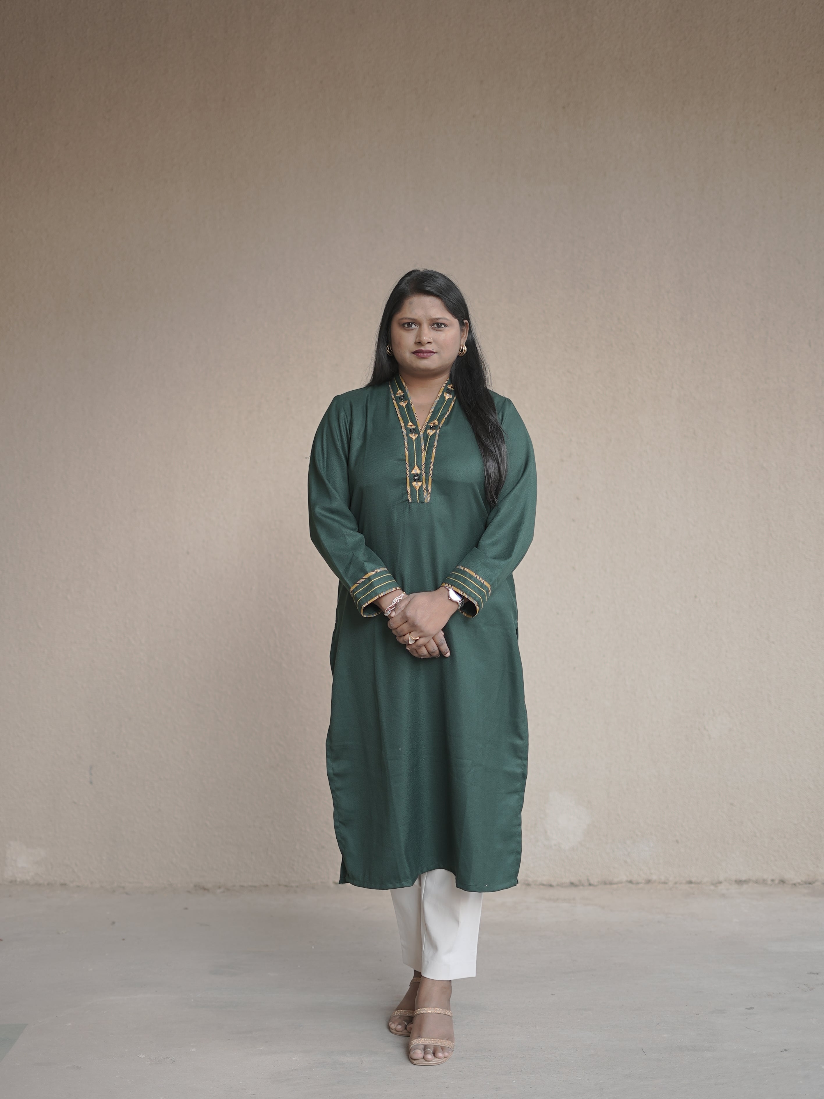 Priti Dark Green Semi Pashmina V-Neck Mirror Work Winter Kurti