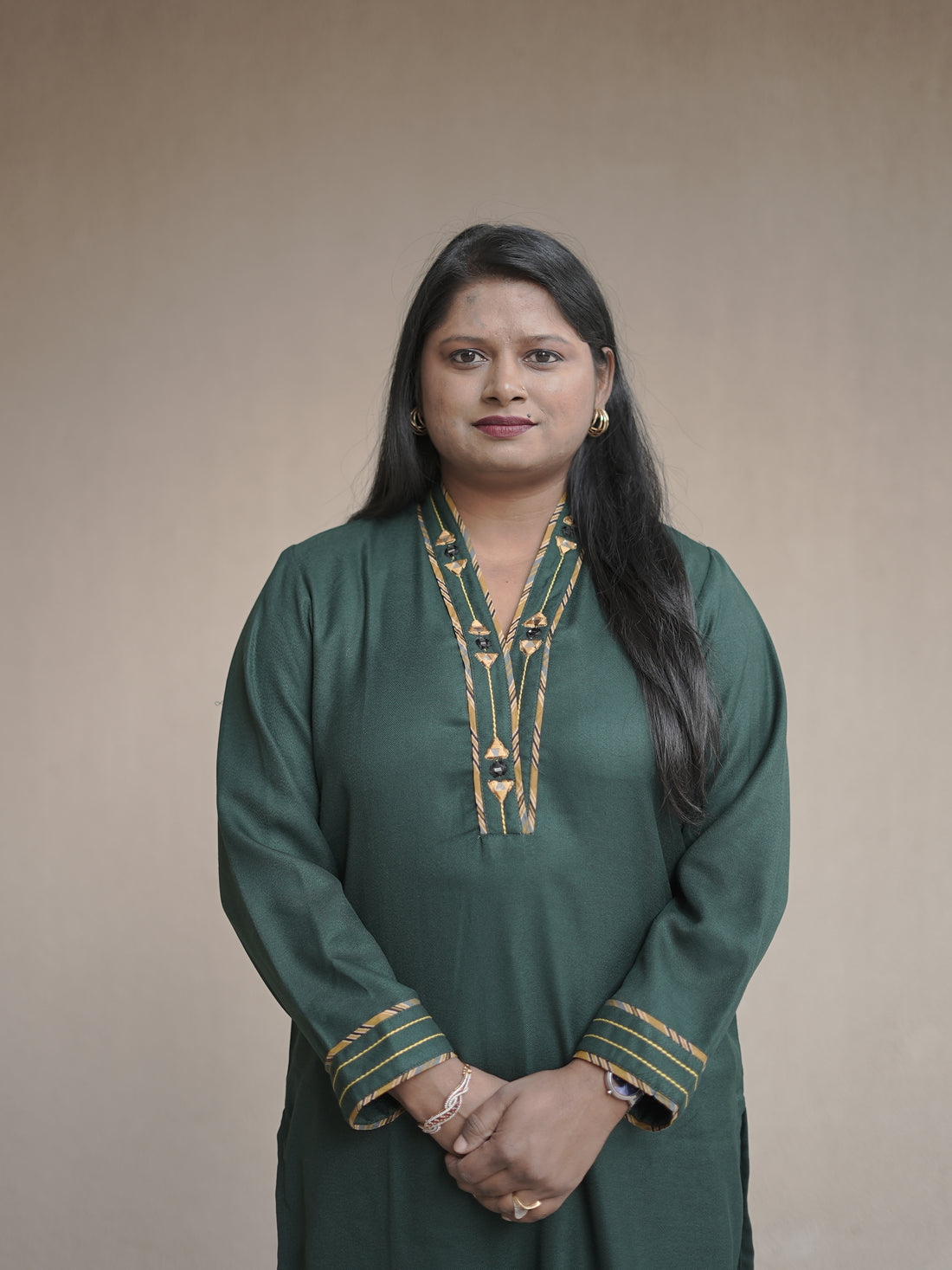 Priti Dark Green Semi Pashmina V-Neck Mirror Work Winter Kurti
