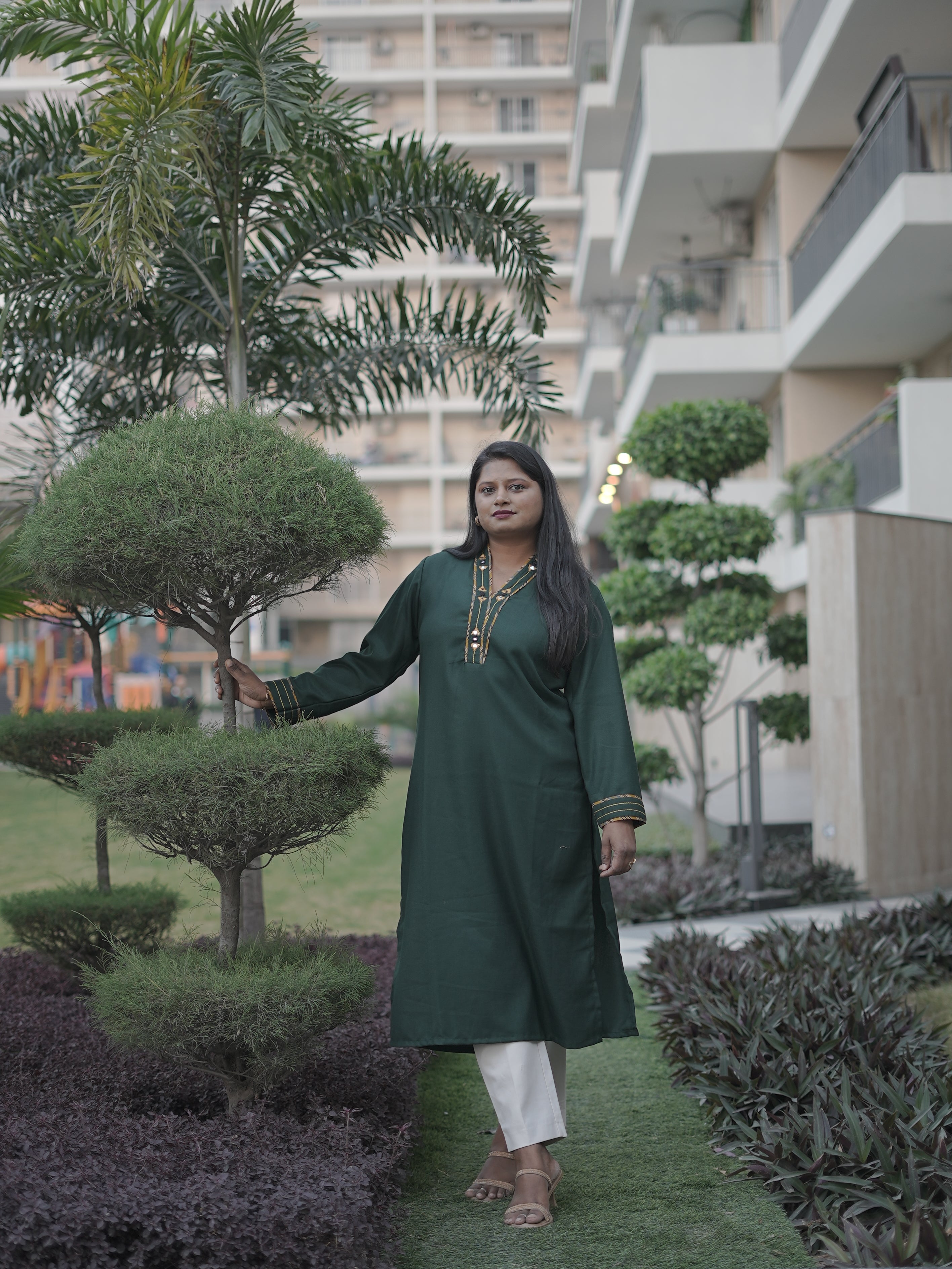 Priti Dark Green Semi Pashmina V-Neck Mirror Work Winter Kurti