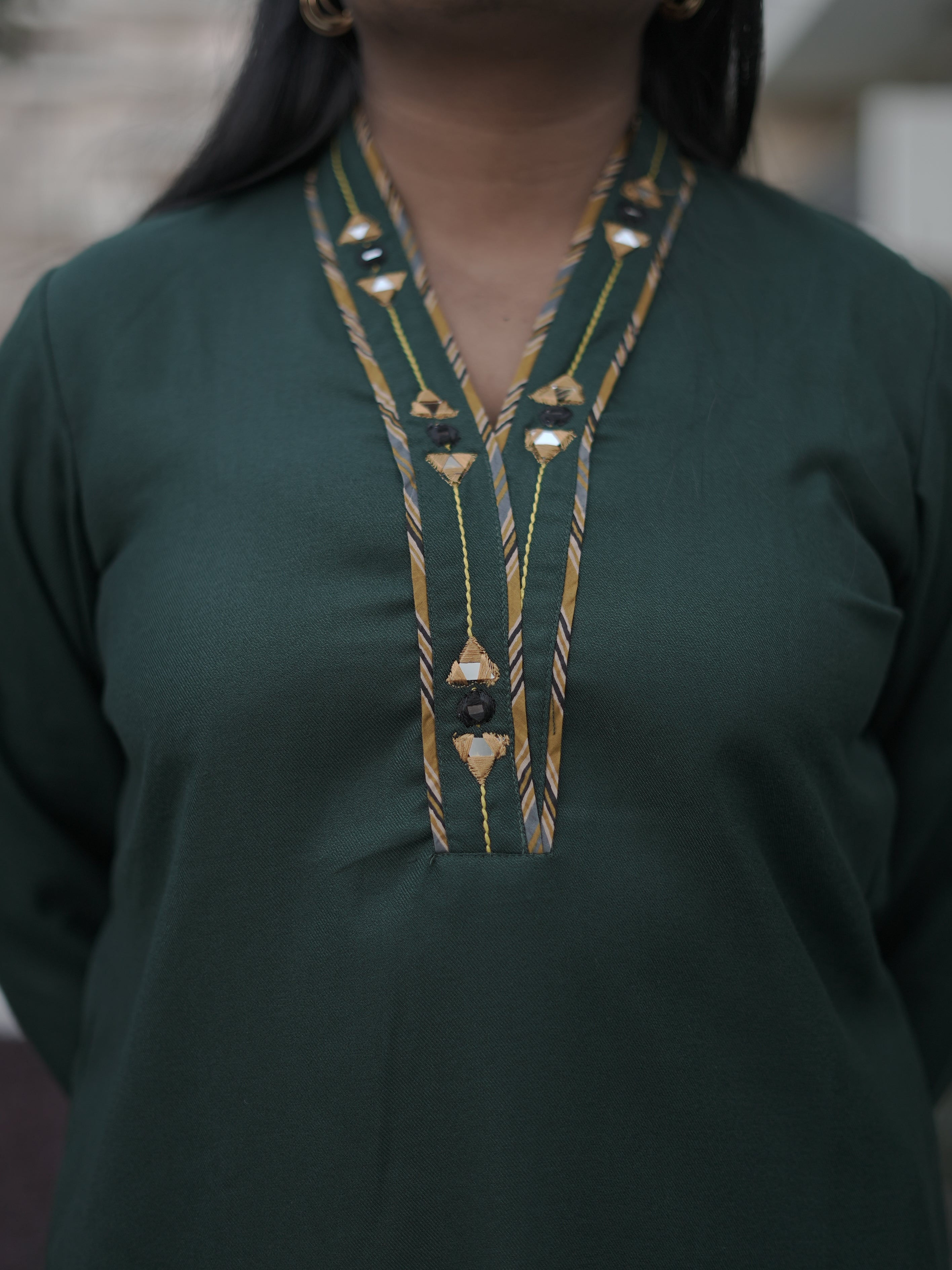 Priti Dark Green Semi Pashmina V-Neck Mirror Work Winter Kurti