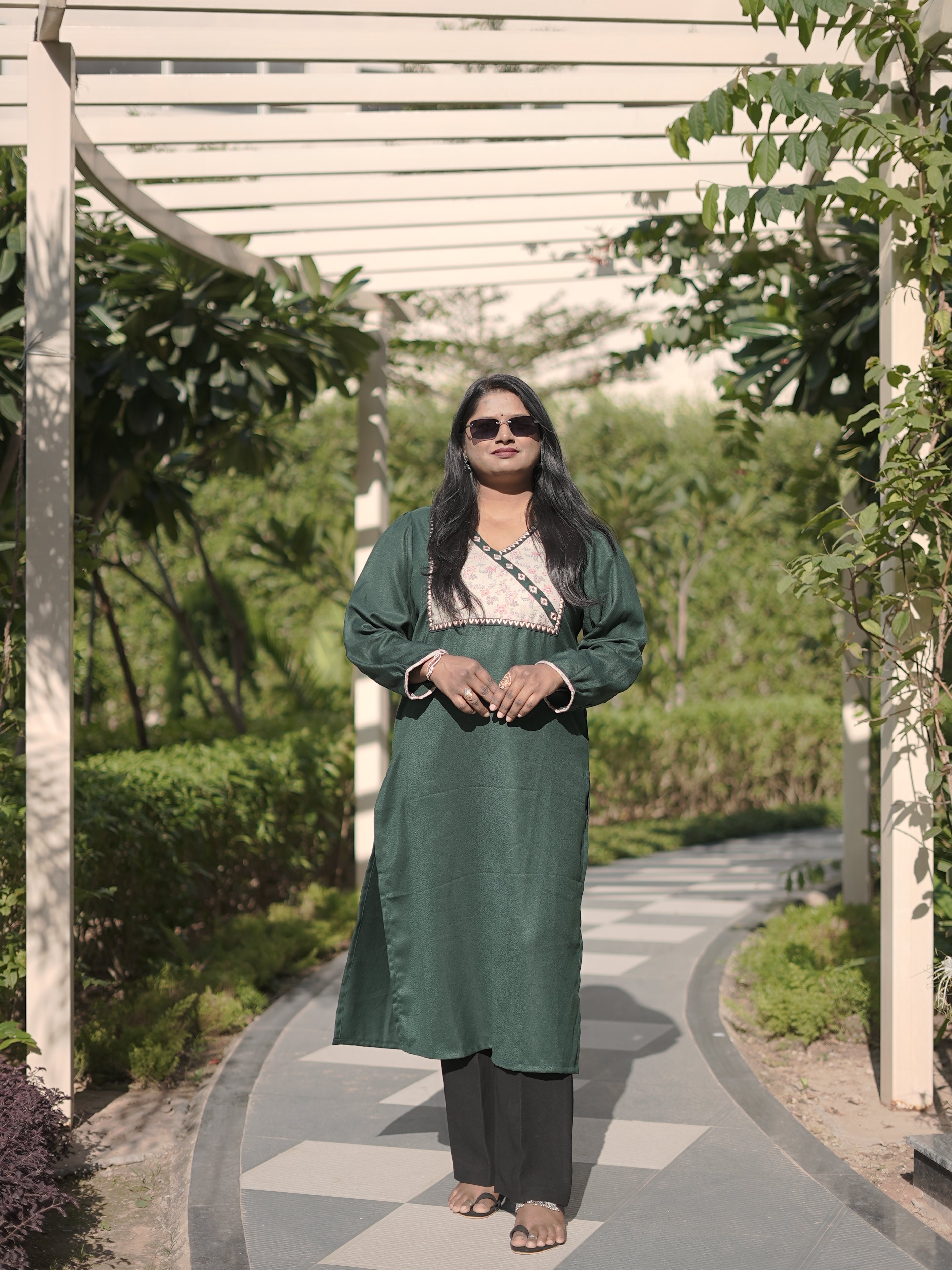 Heer Dark Green Floral Patch with Mirror in Angrakha Neck Semi Pashmina Winter Kurti