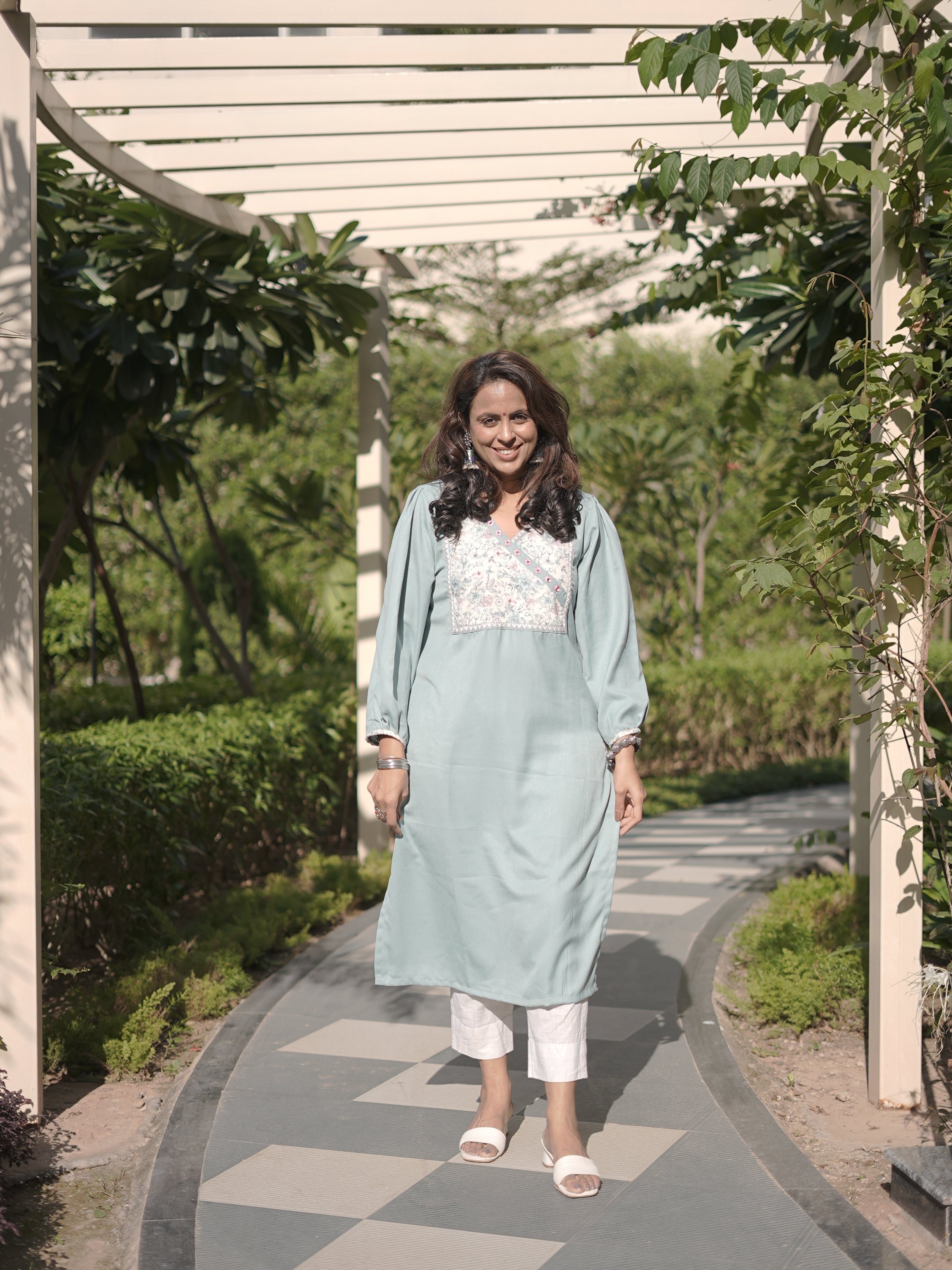 Heer Powder Blue Floral Patch with Mirror in Angrakha Neck Semi Pashmina Winter Kurti