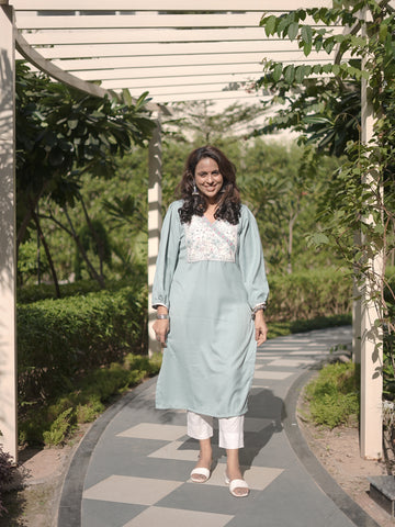 Heer Powder Blue Floral Patch with Mirror in Angrakha Neck Semi Pashmina Winter Kurti