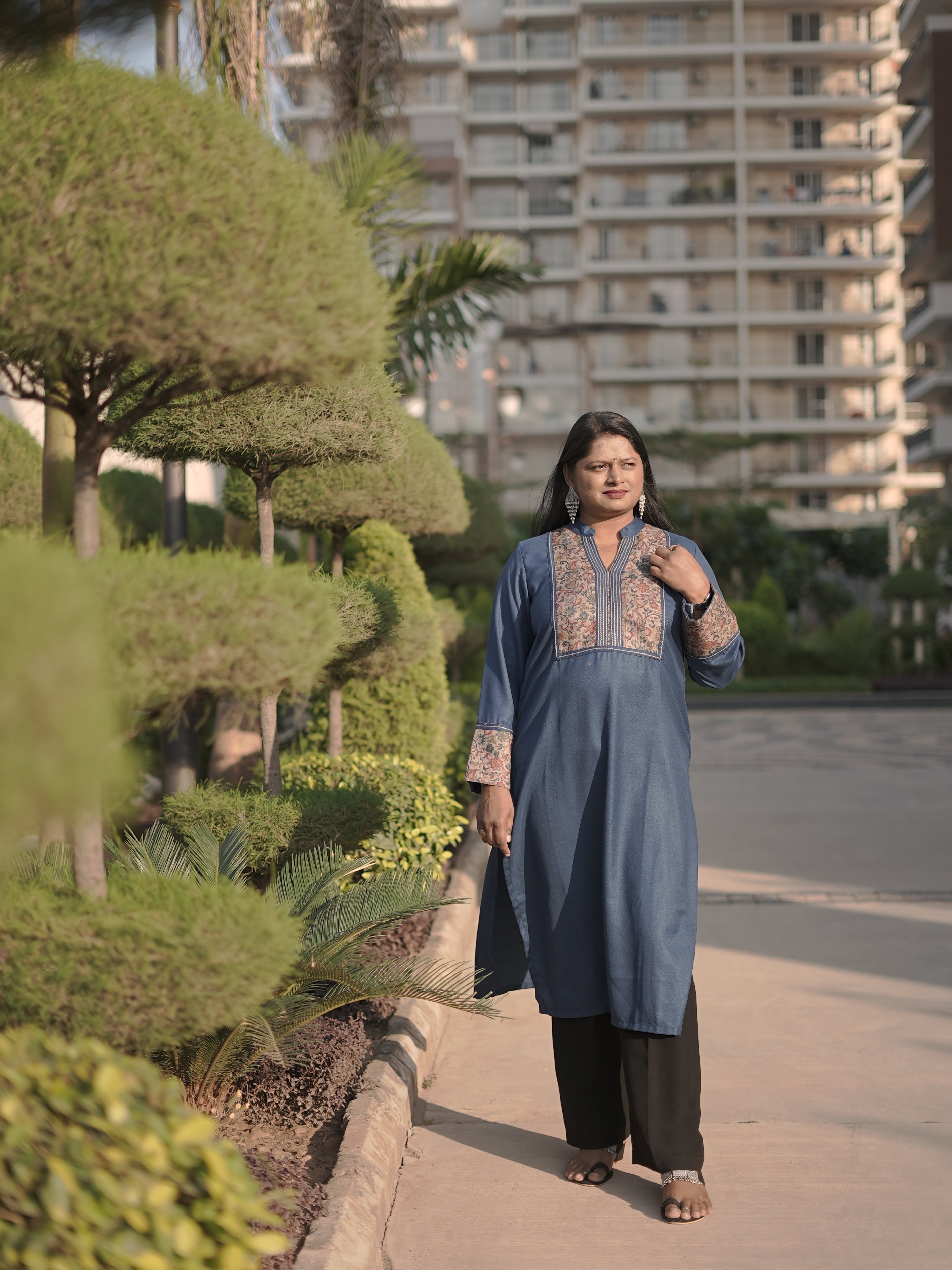 Kanakshi Marine Blue Running Stitch in Kanni Patch Neck Semi Pashmina Winter Kurti