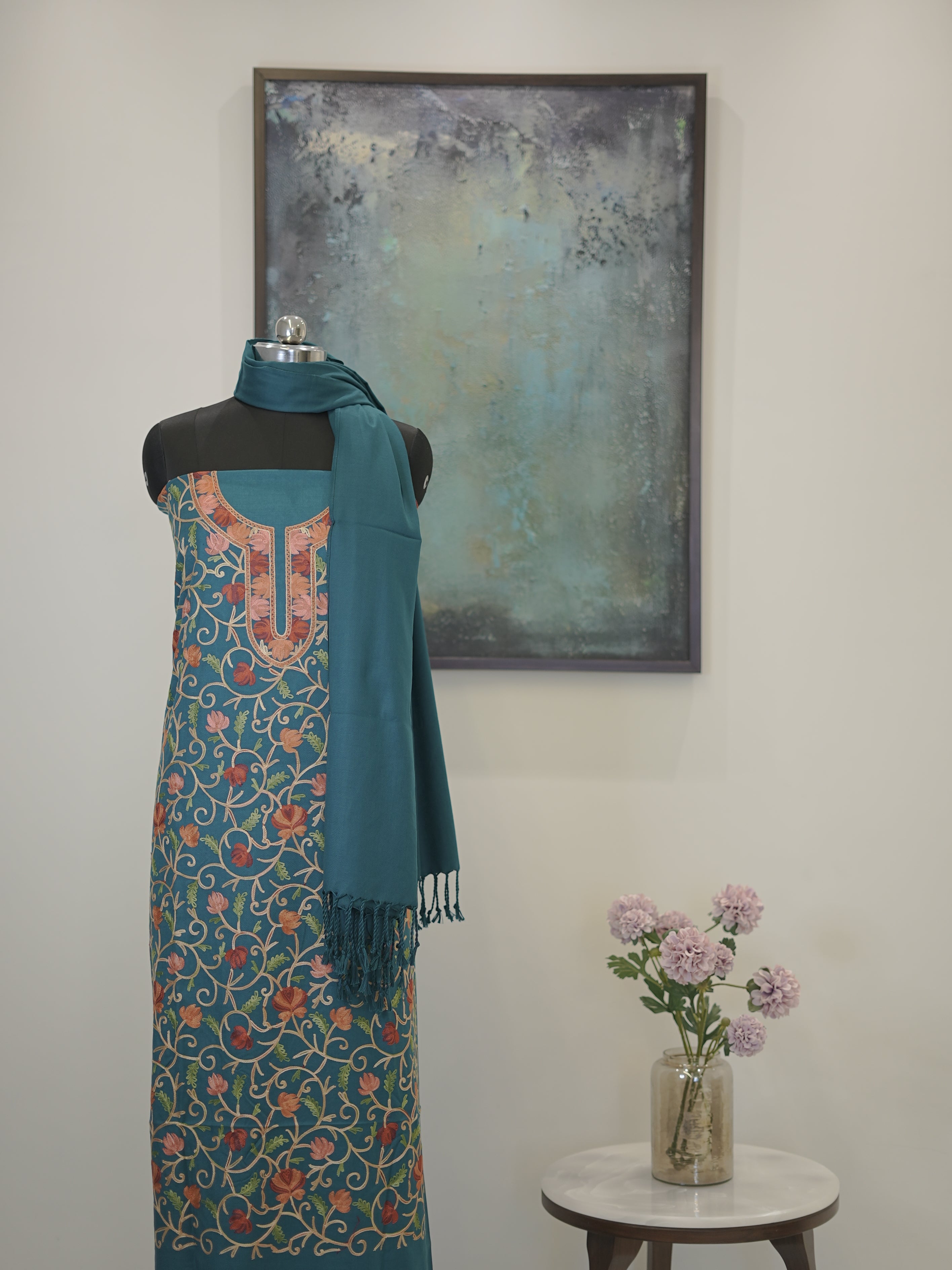 Teal Blue Kashida Embroidery Semi Pashmina Suit Set