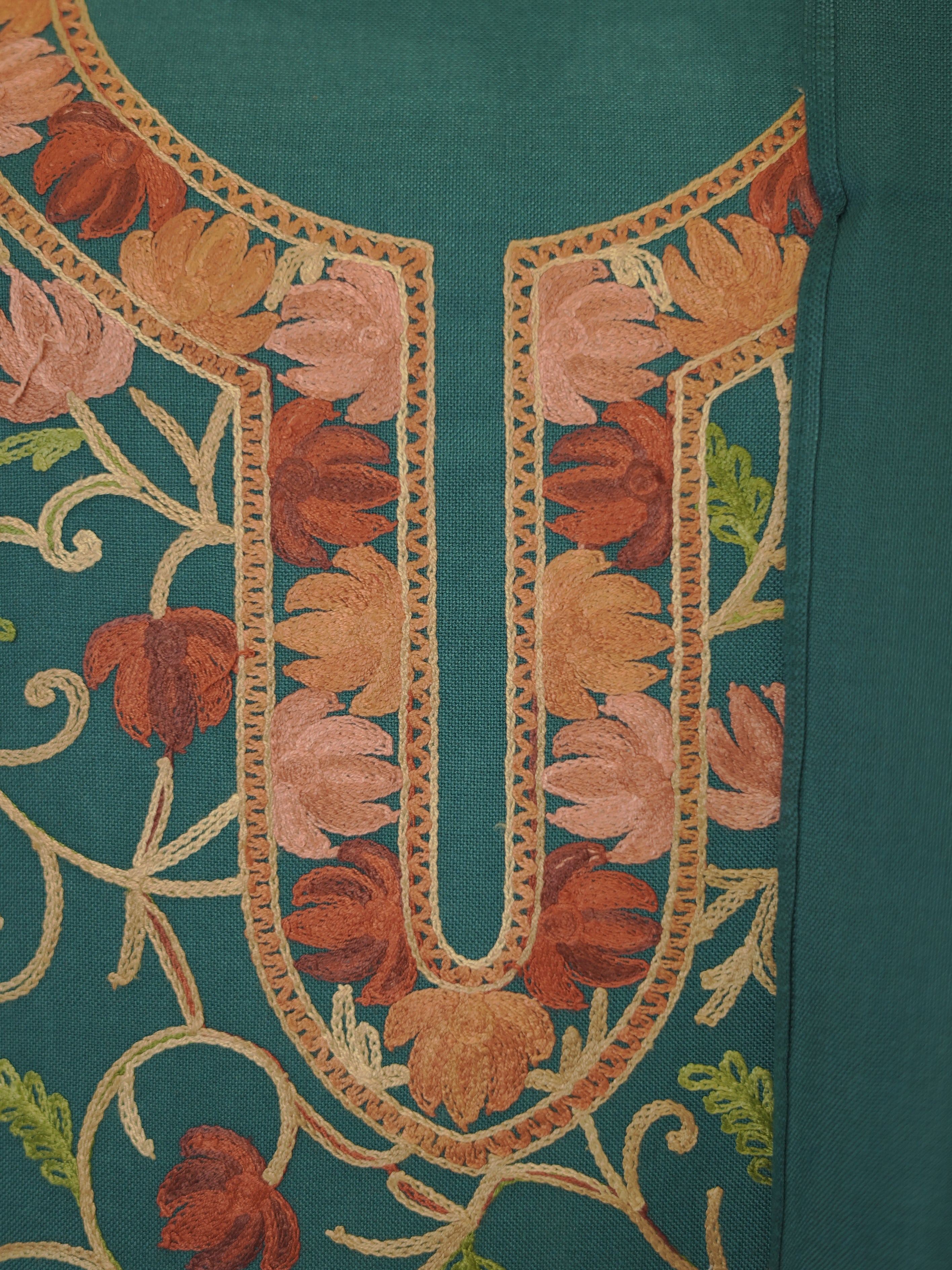 Teal Blue Kashida Embroidery Semi Pashmina Suit Set