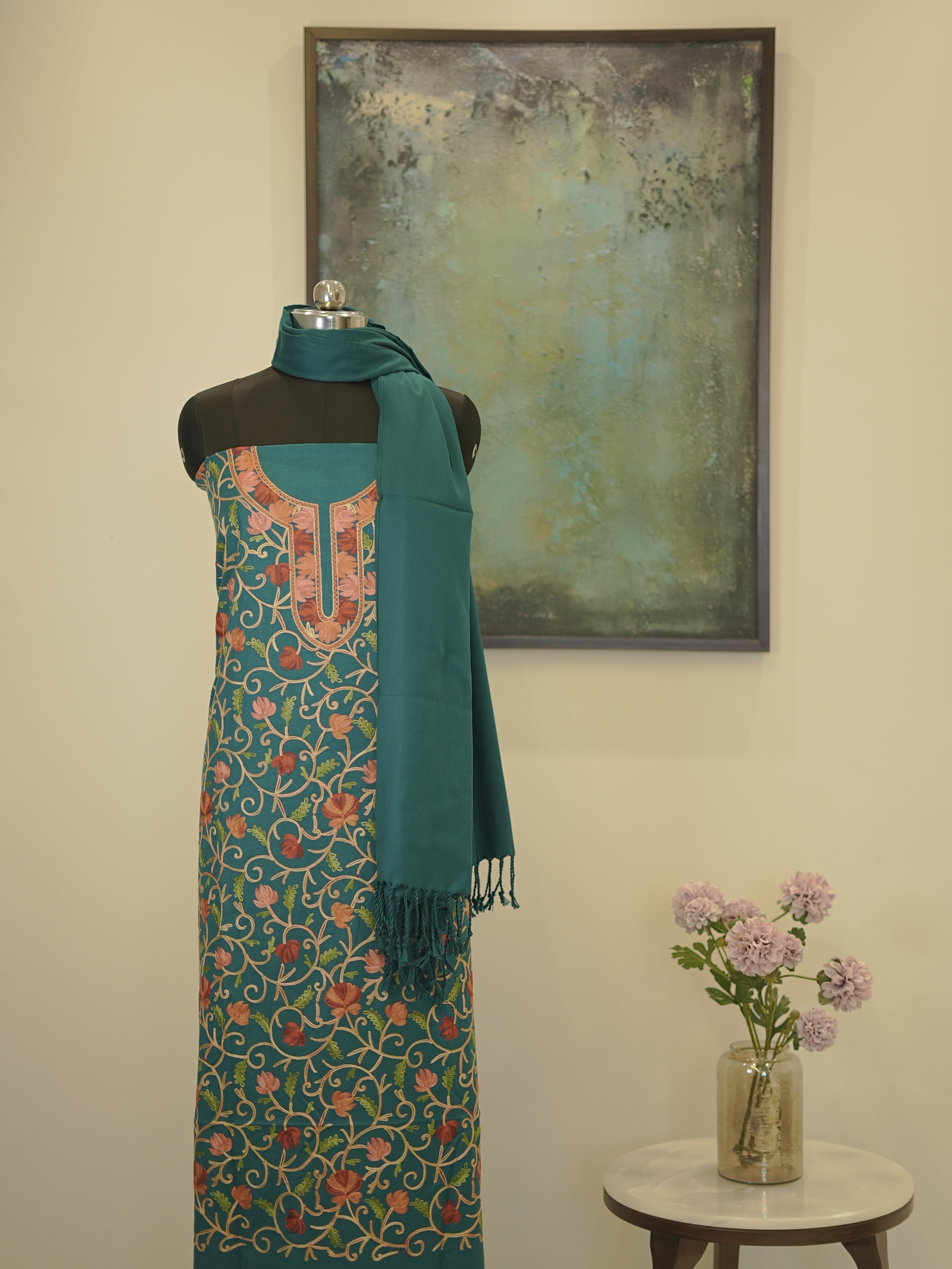 Teal Blue Kashida Embroidery Semi Pashmina Suit Set