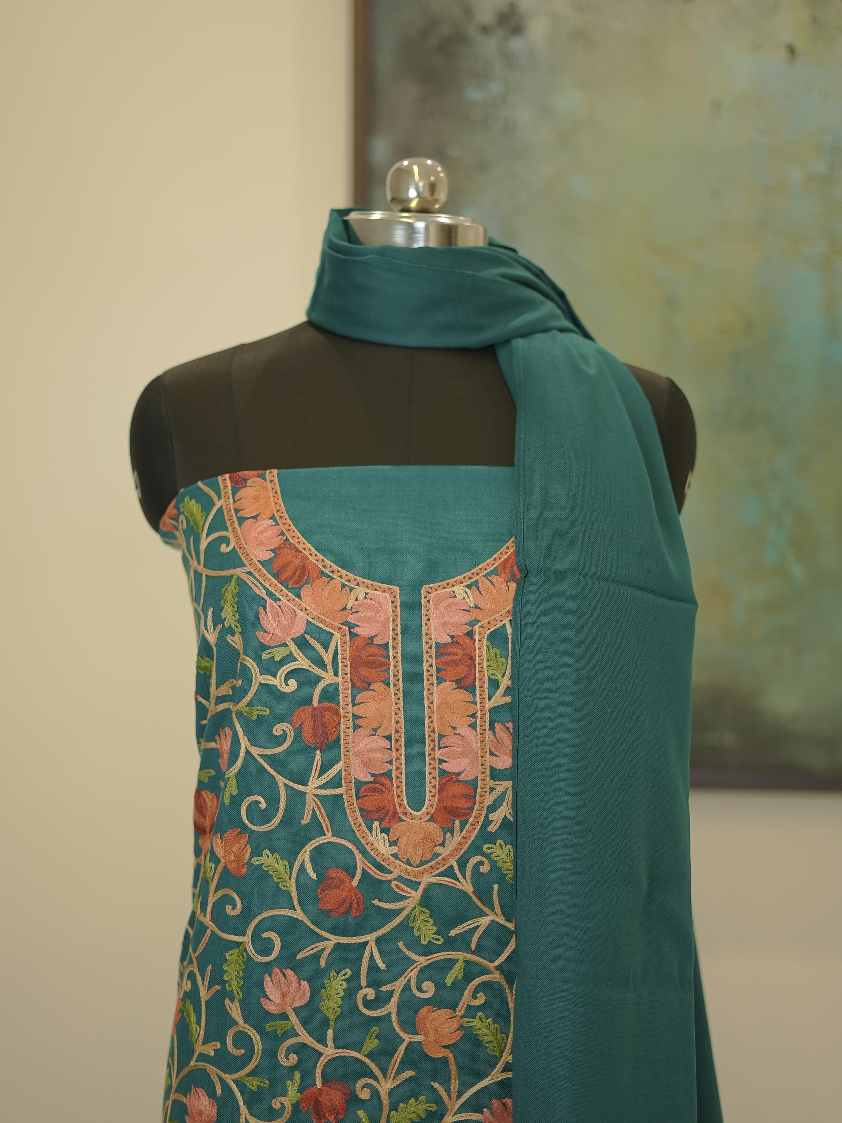 Teal Blue Kashida Embroidery Semi Pashmina Suit Set
