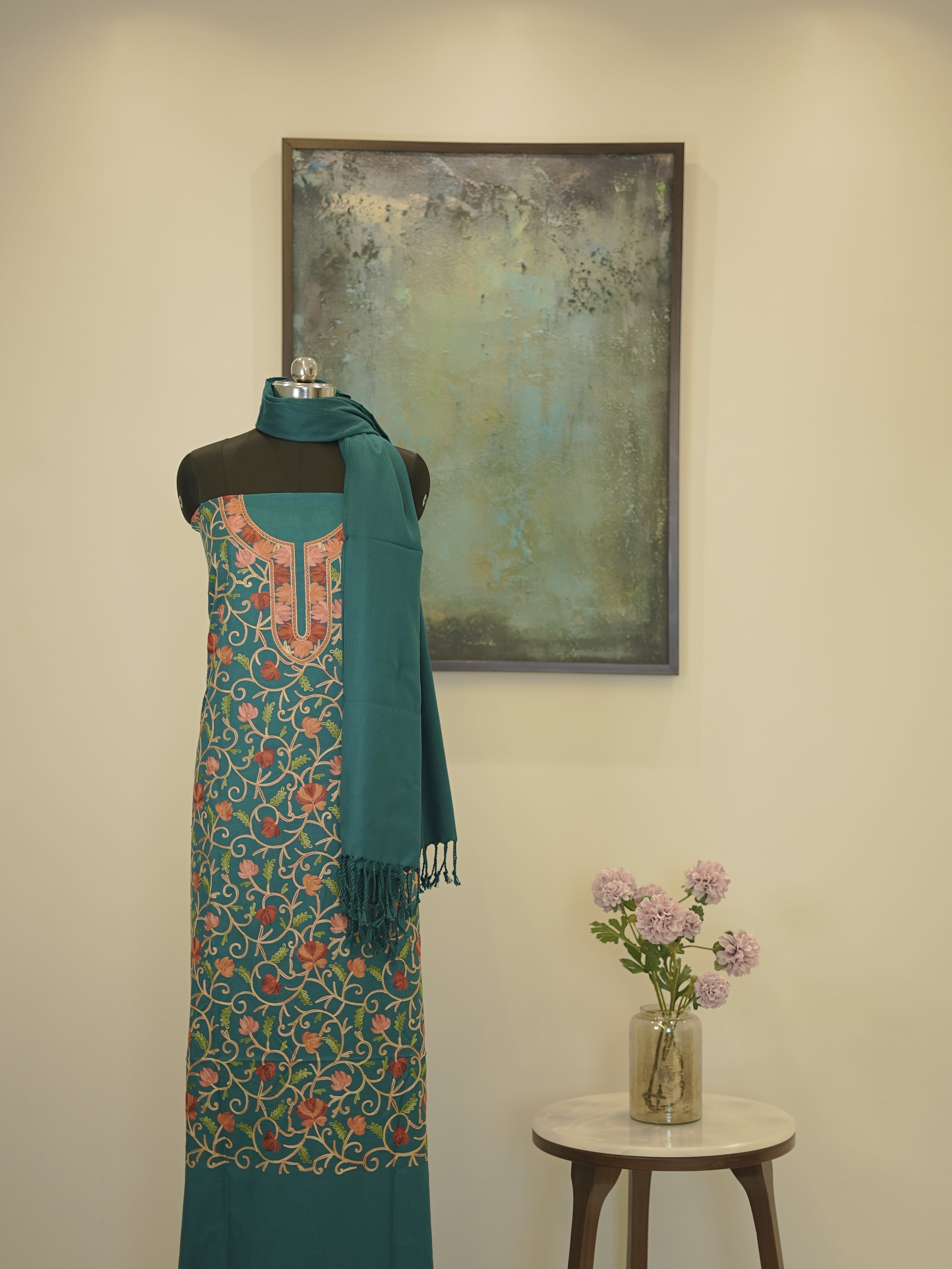 Teal Blue Kashida Embroidery Semi Pashmina Suit Set