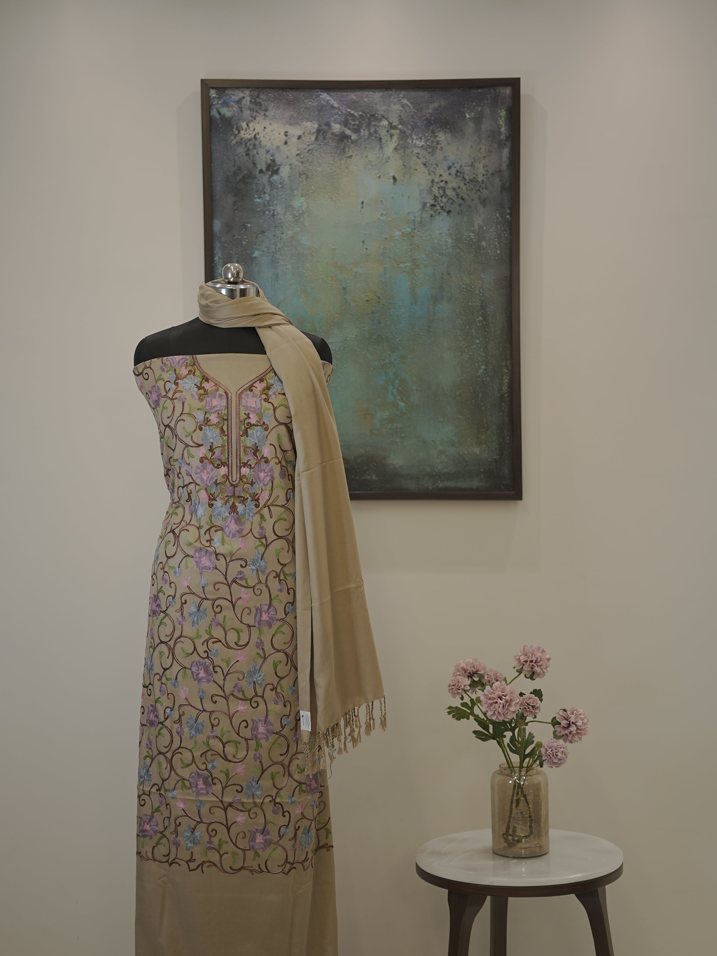 Beige Kashida Embroidery Semi Pashmina Suit Set