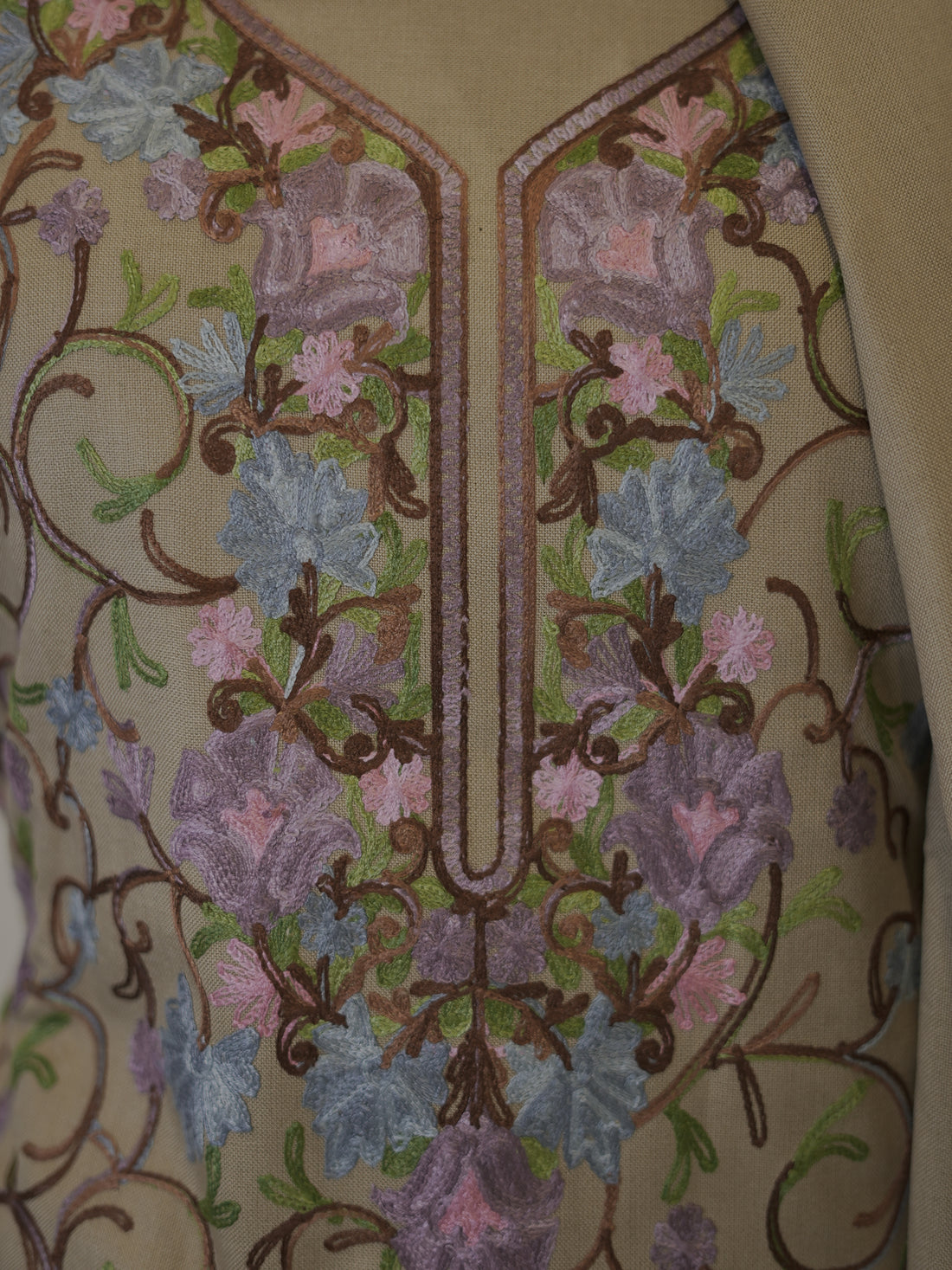 Beige Kashida Embroidery Semi Pashmina Suit Set