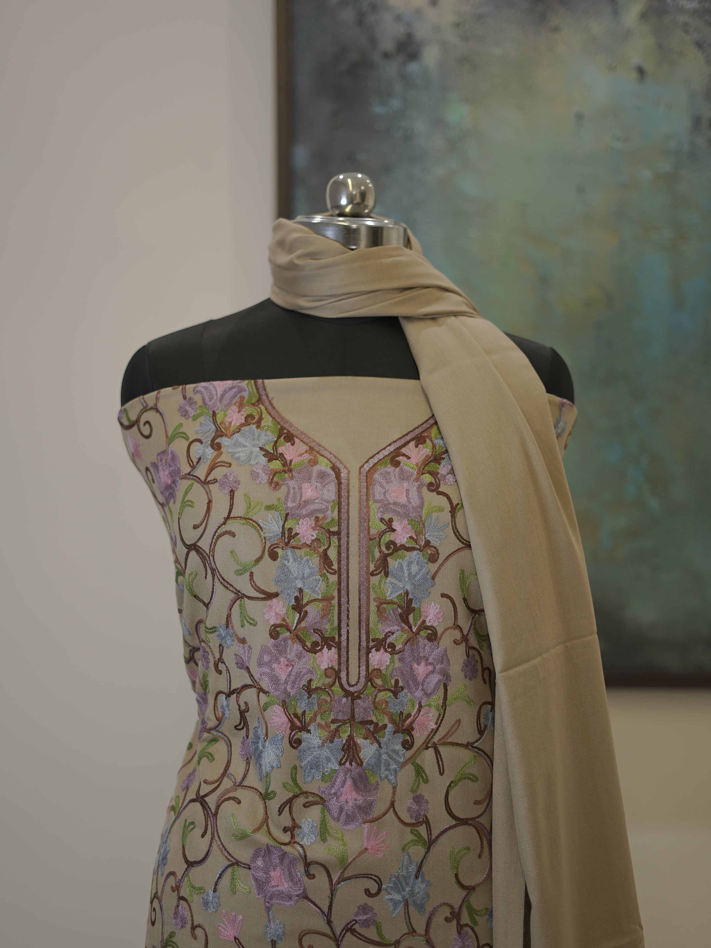 Beige Kashida Embroidery Semi Pashmina Suit Set