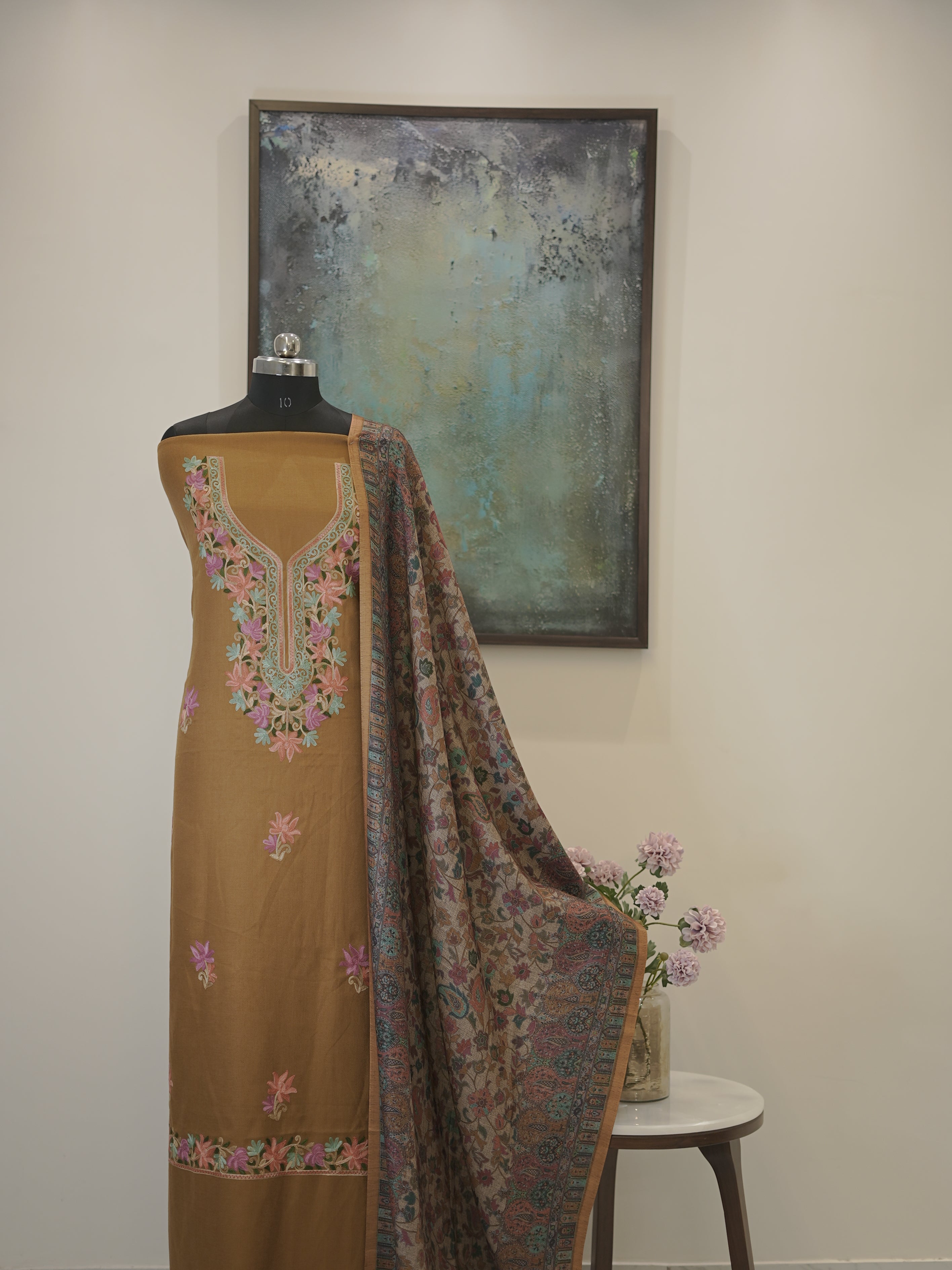 Kashida Elegant Woven Mustard Kashida Embroidery Semi Pashmina Winter Set