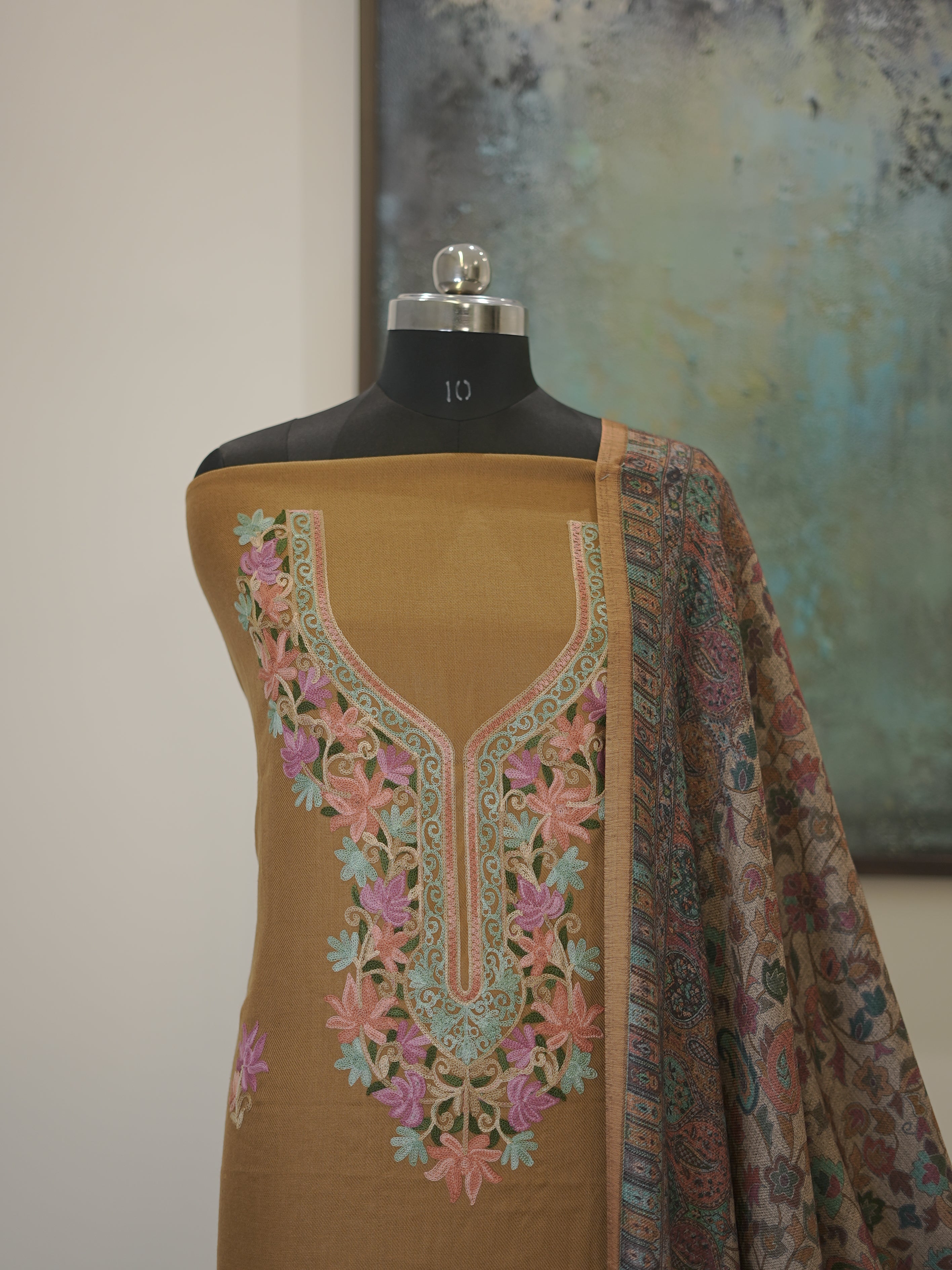 Kashida Elegant Woven Mustard Kashida Embroidery Semi Pashmina Winter Set
