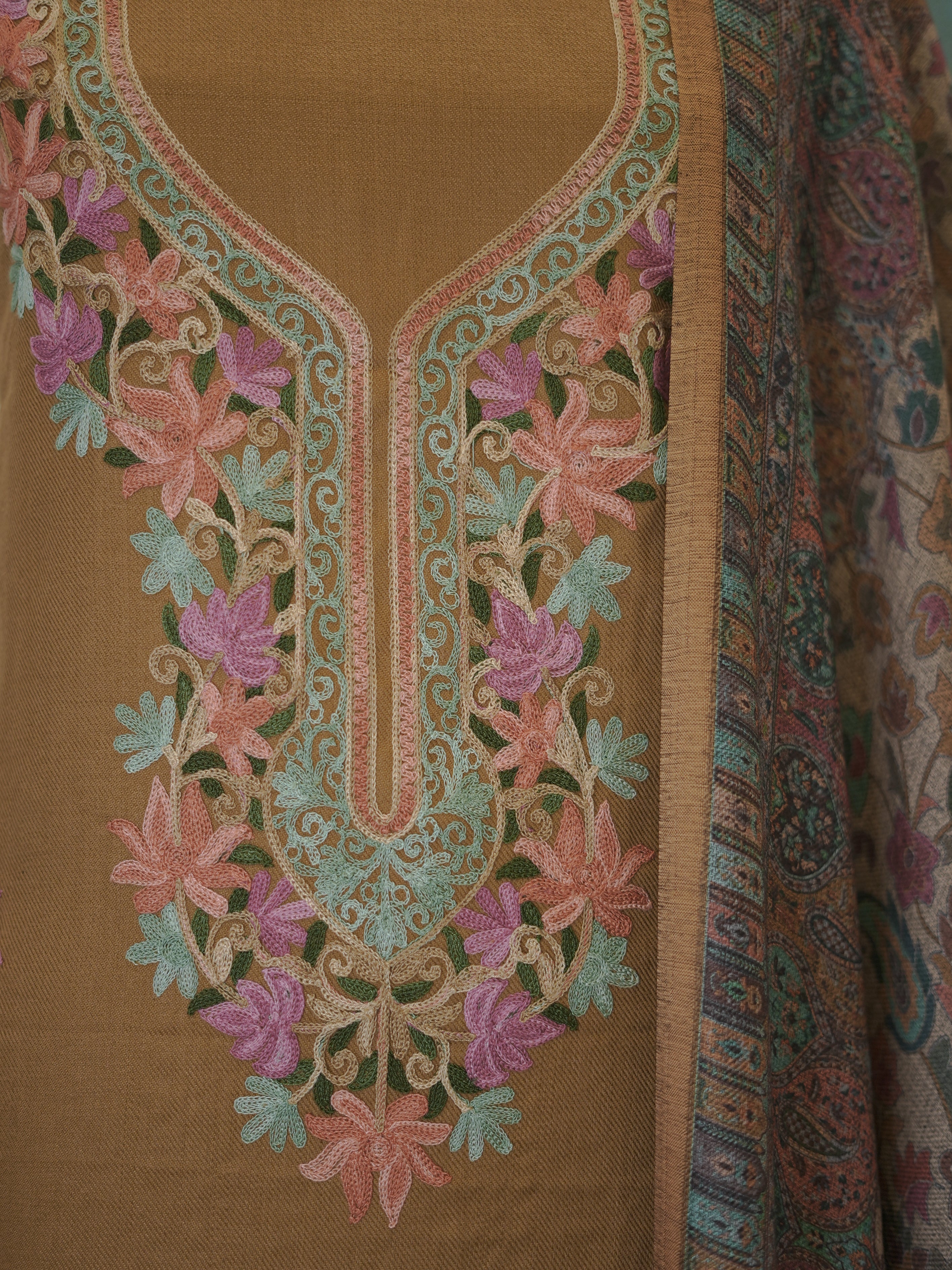 Kashida Elegant Woven Mustard Kashida Embroidery Semi Pashmina Winter Set