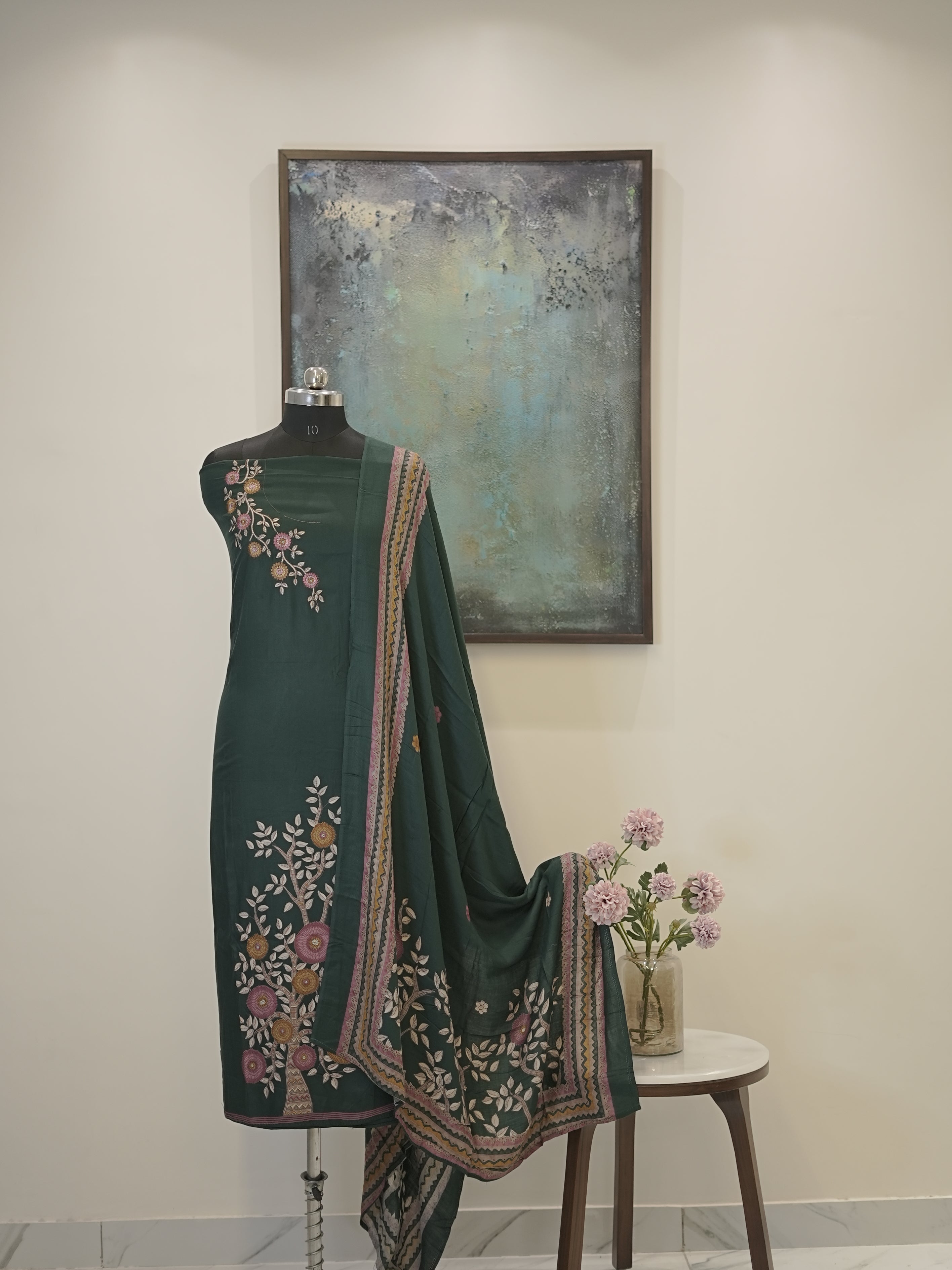 Green Digital printed semi pashmina with thread work