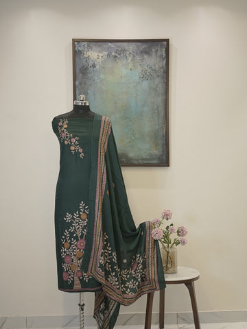 Green Digital printed semi pashmina with thread work