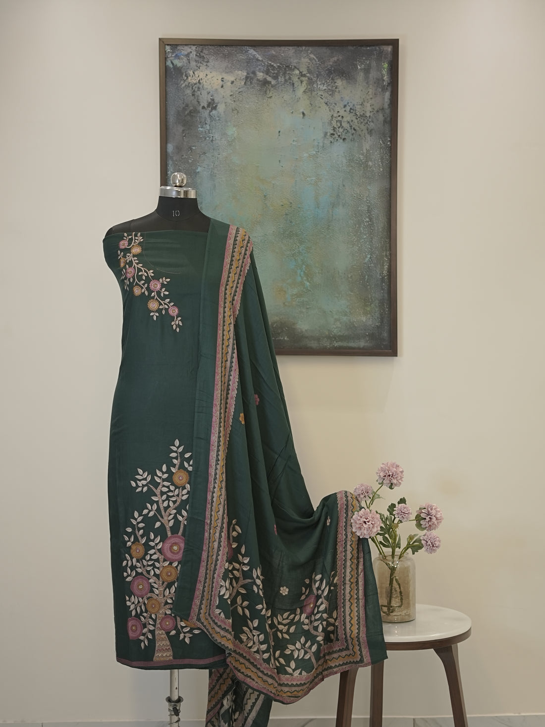 Green Digital printed semi pashmina with thread work