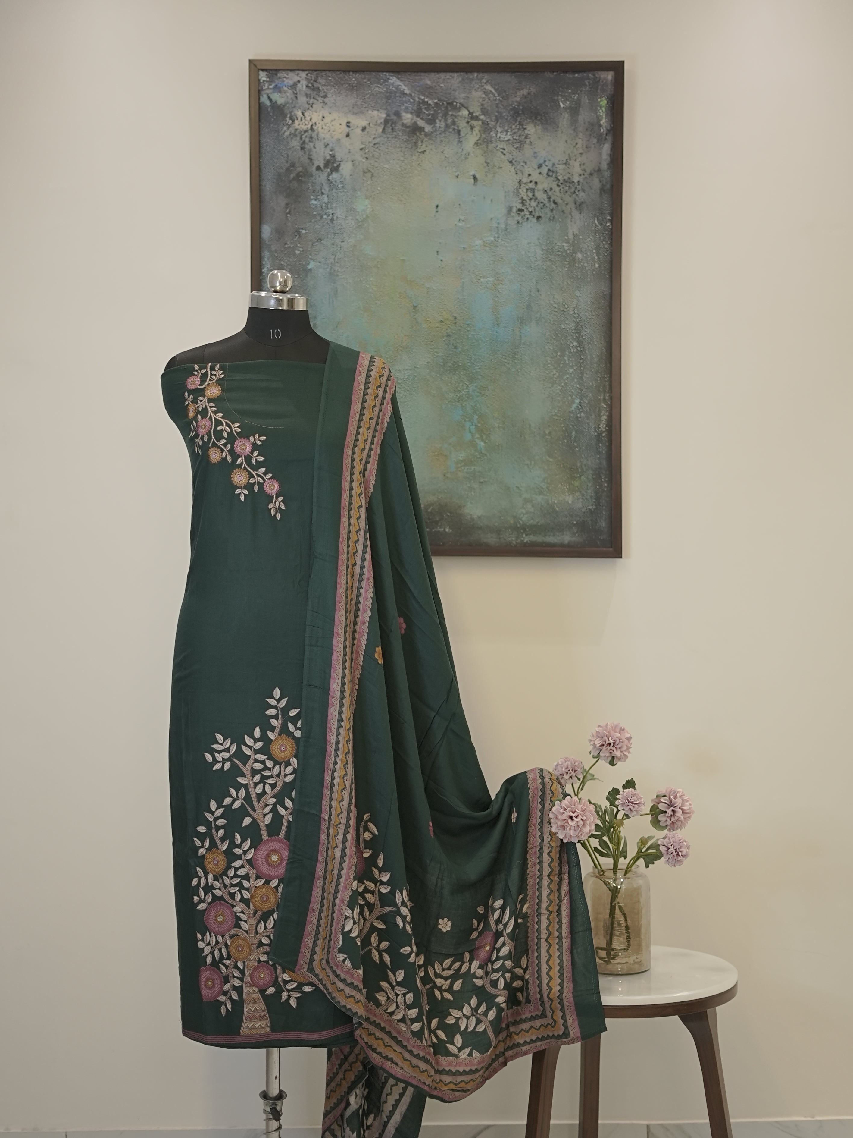 Green Digital printed semi pashmina with thread work