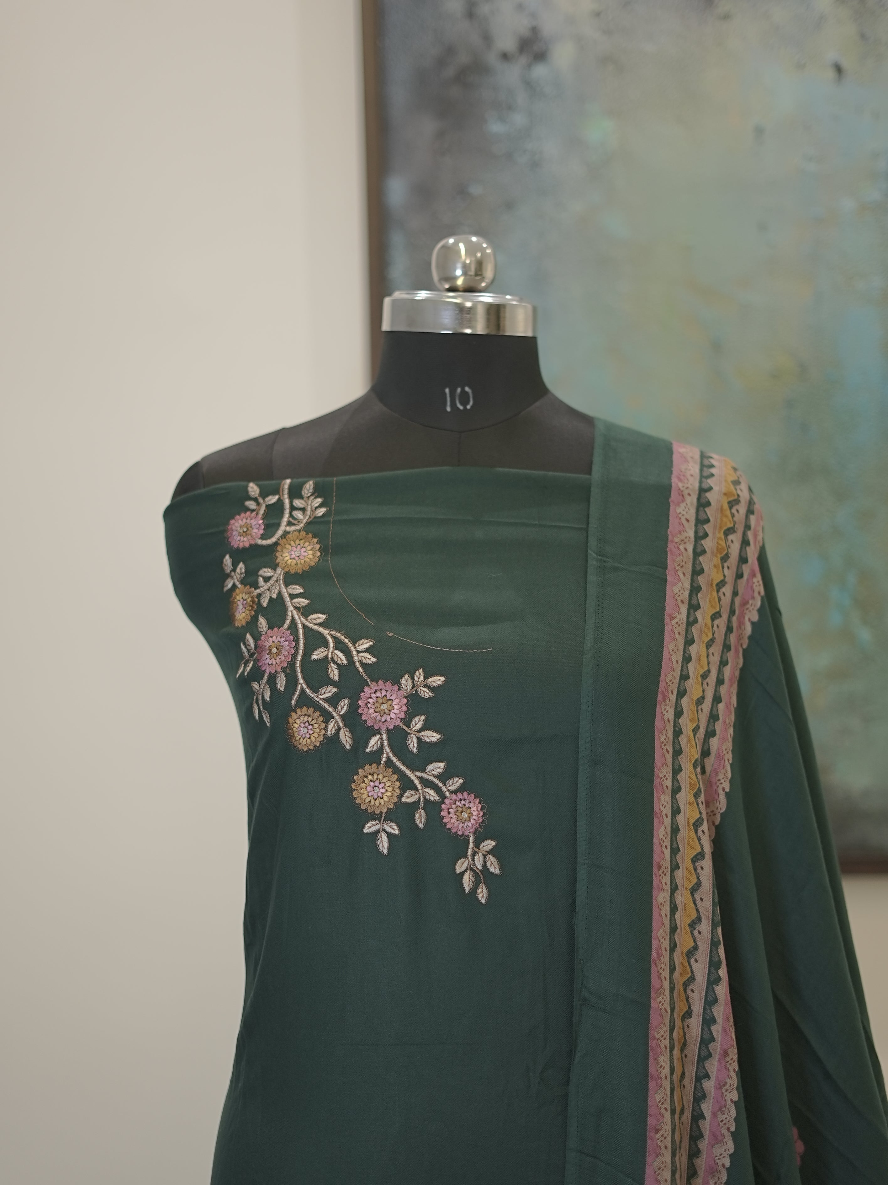 Green Digital printed semi pashmina with thread work