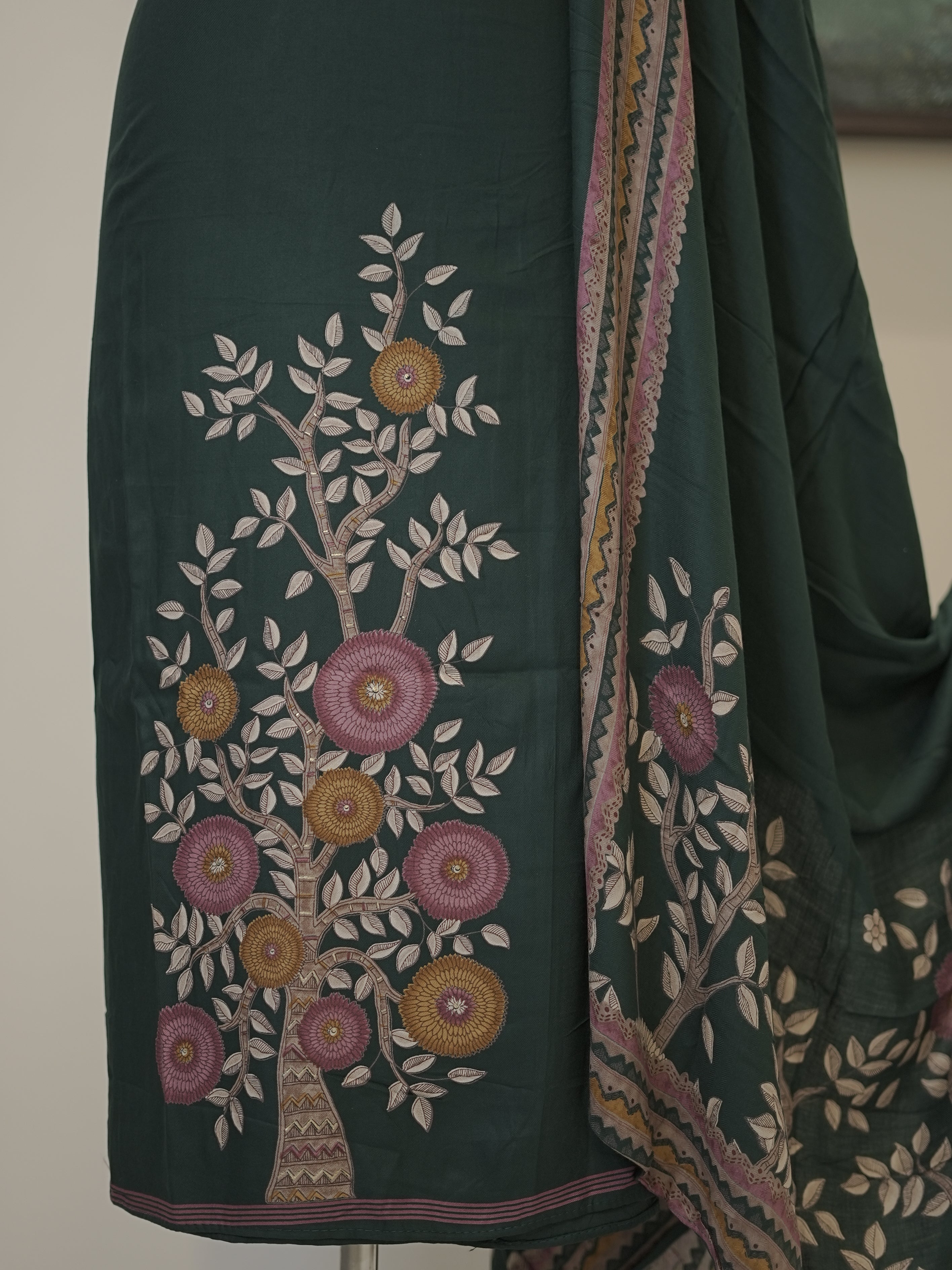 Green Digital printed semi pashmina with thread work