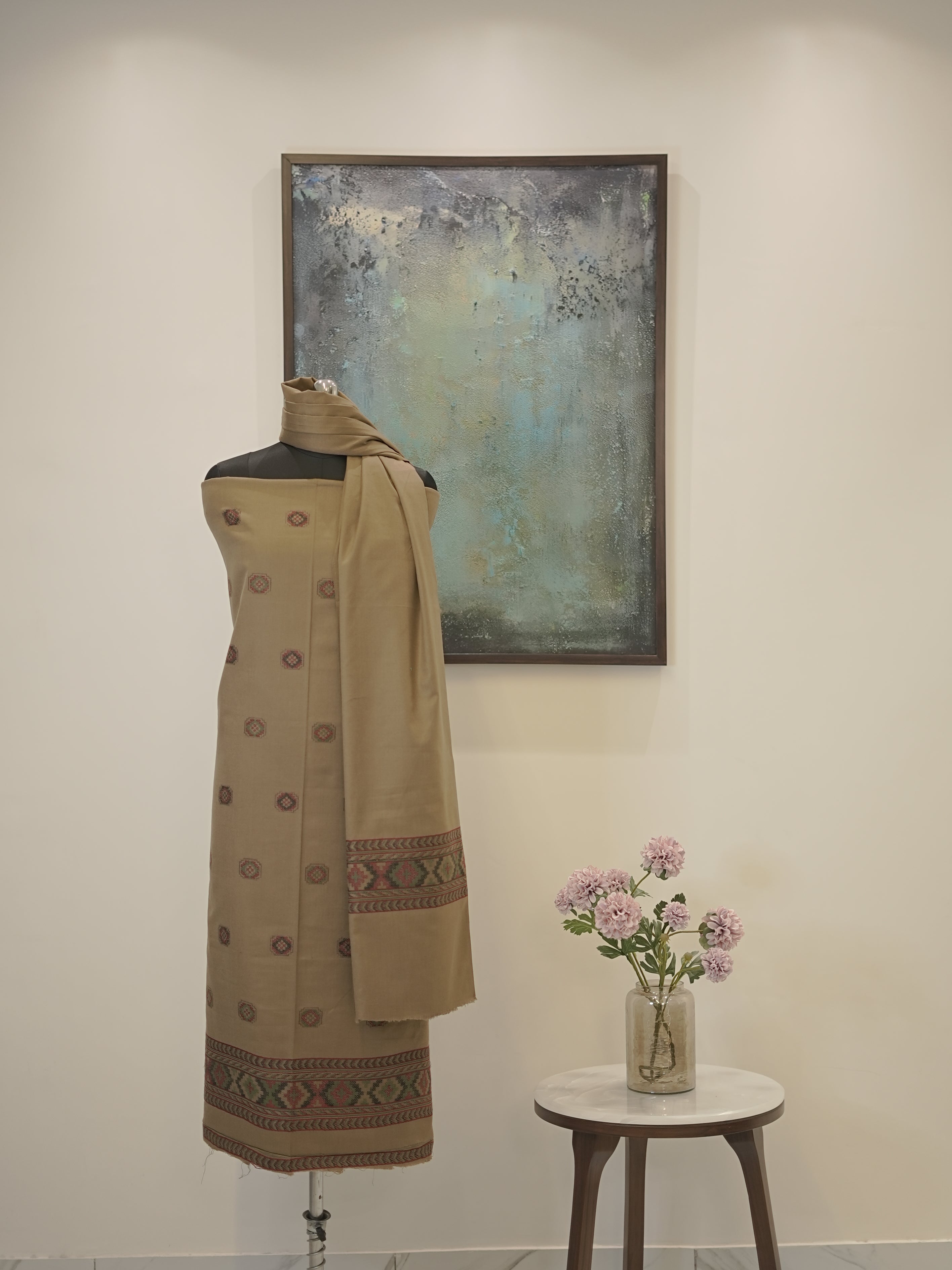 Beige Kullu Weaved Hem Semi Pashmina Winter Set