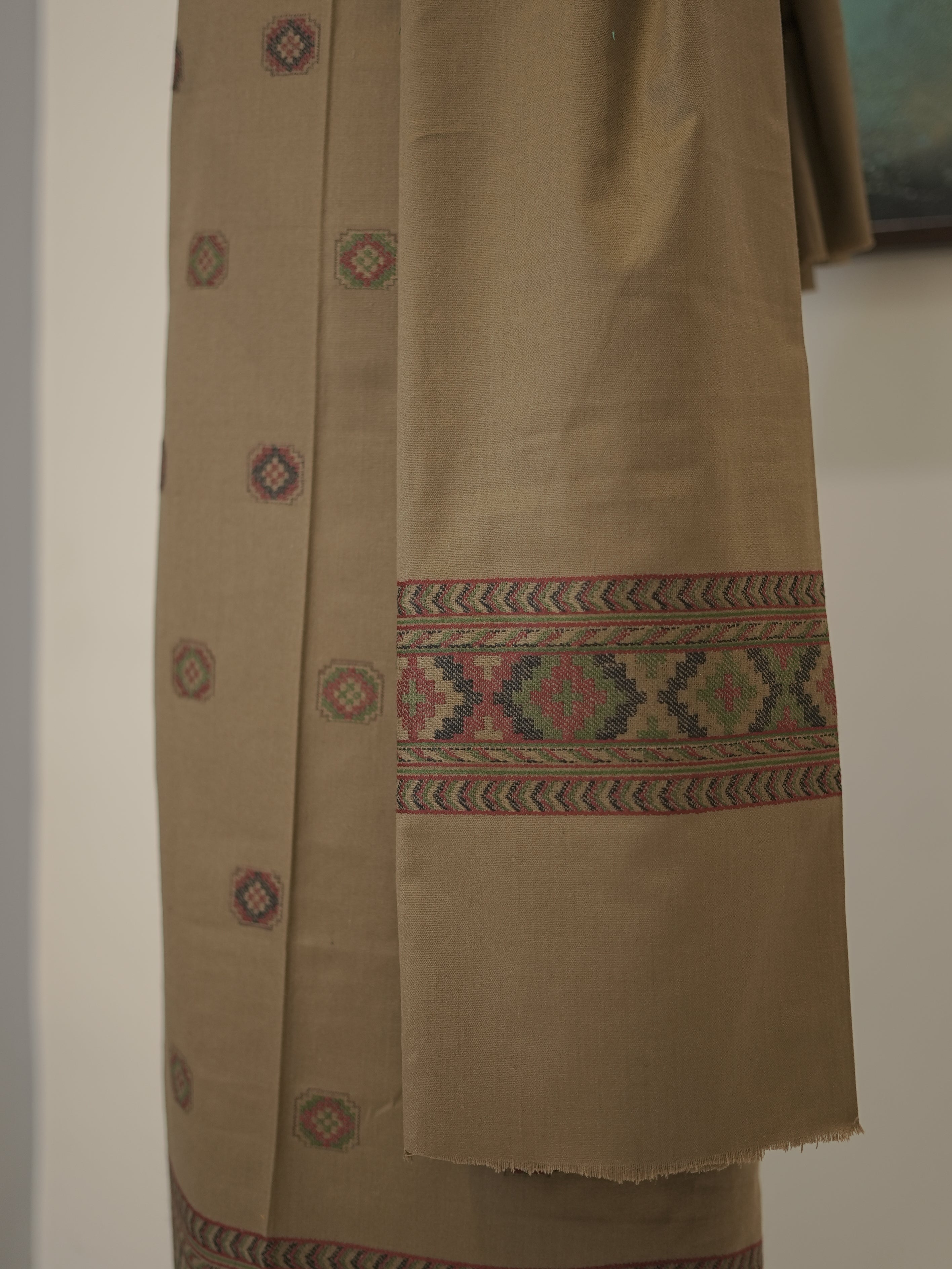 Beige Kullu Weaved Hem Semi Pashmina Winter Set