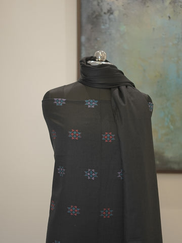 Black Kullu Weaved Hem Semi Pashmina Winter Set