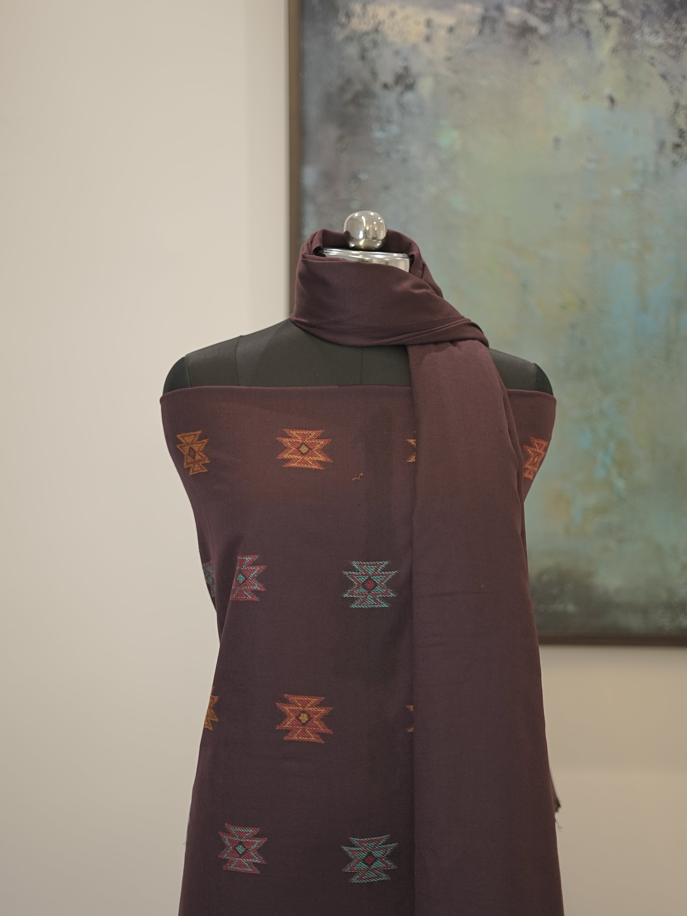 Wine Kullu Weaved Hem Semi Pashmina Winter Set