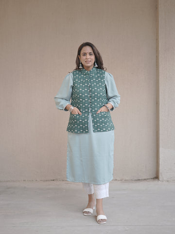 Dark Cyan Printed Quilted Cotton Jacket