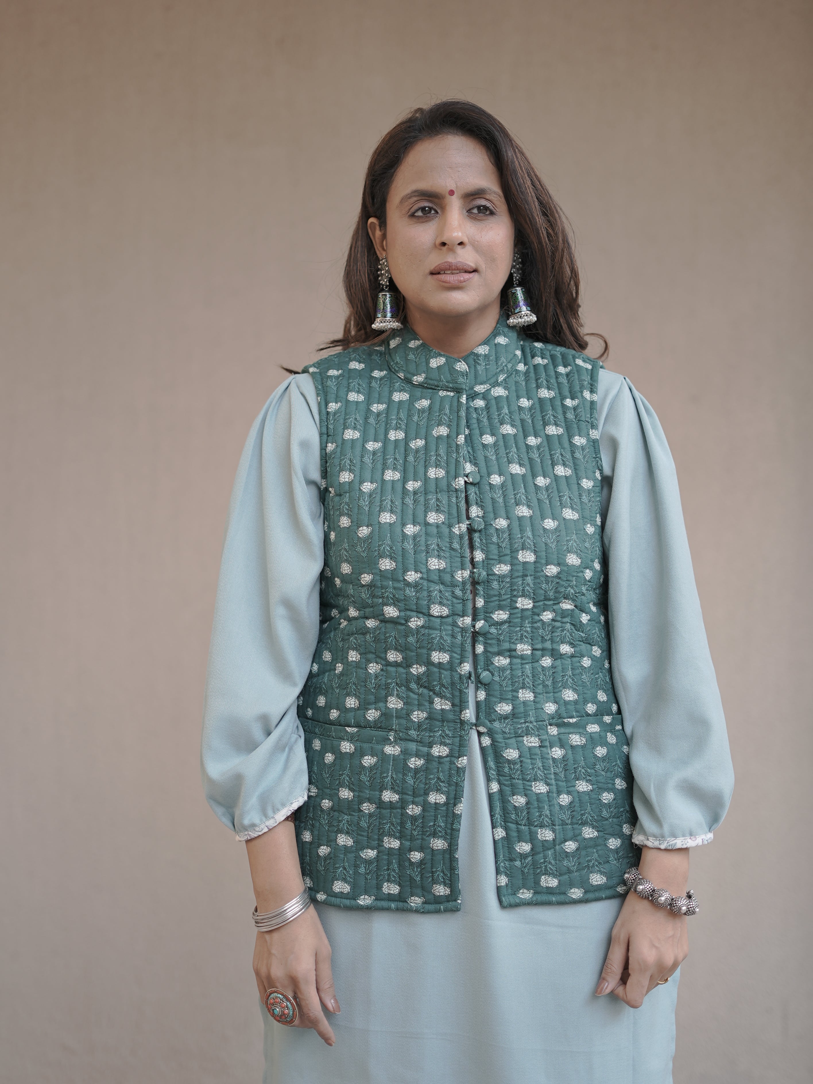 Dark Cyan Printed Quilted Cotton Jacket