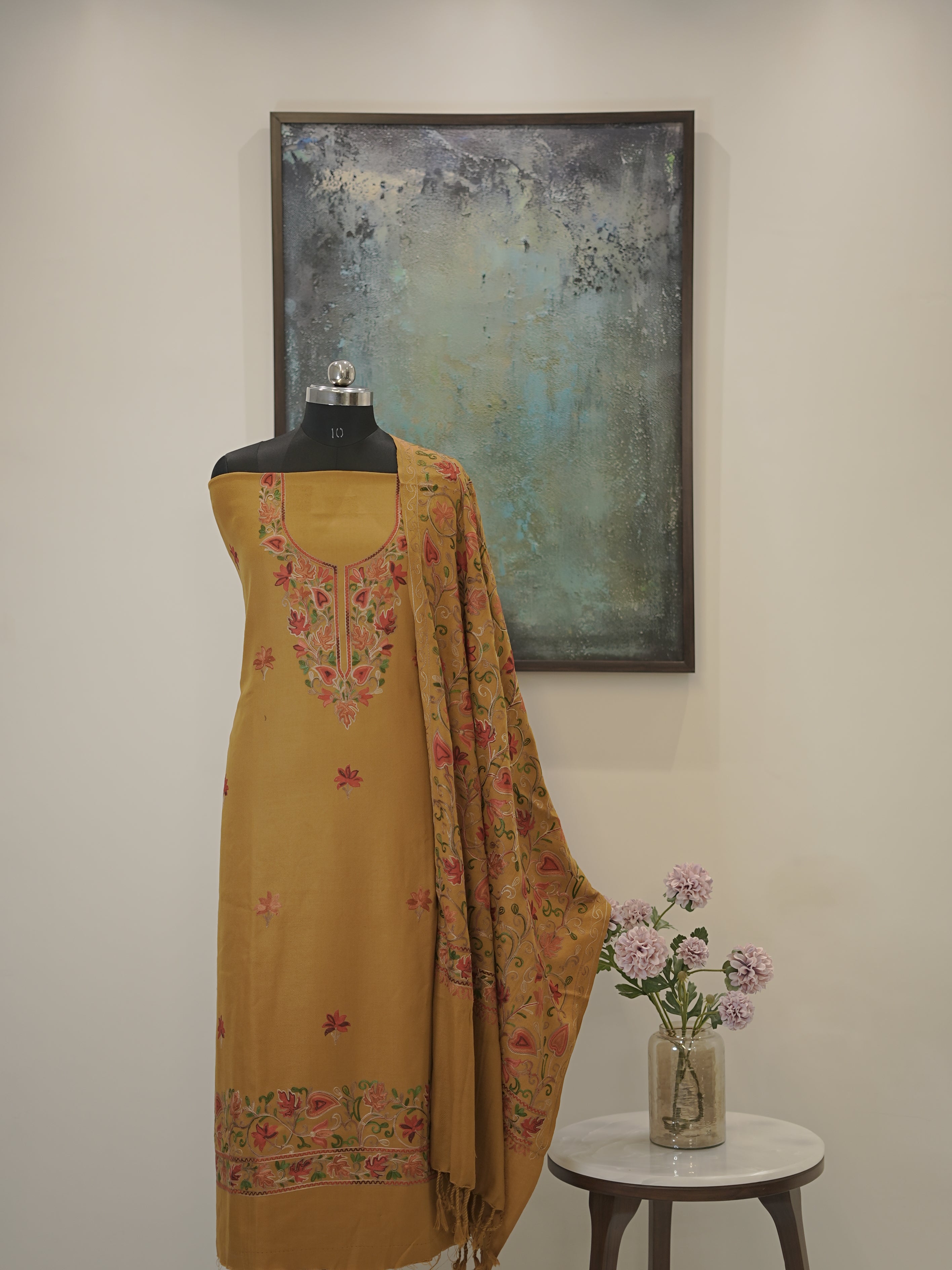 Turmeric Yellow Woven with Kashida Embroidery Semi Pashmina Winter Set
