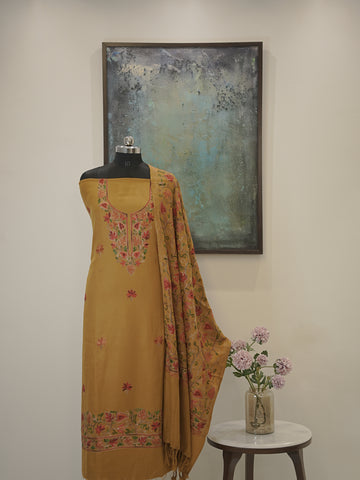 Turmeric Yellow Woven with Kashida Embroidery Semi Pashmina Winter Set
