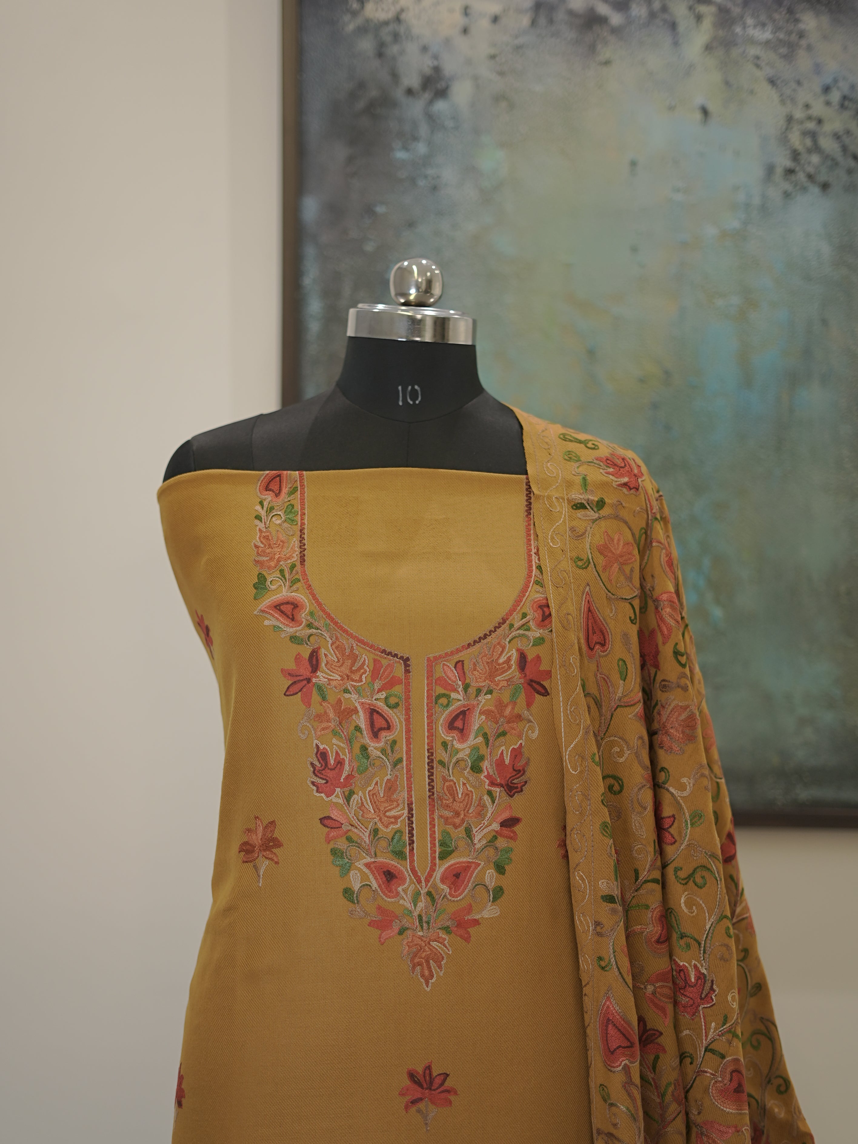 Turmeric Yellow Woven with Kashida Embroidery Semi Pashmina Winter Set